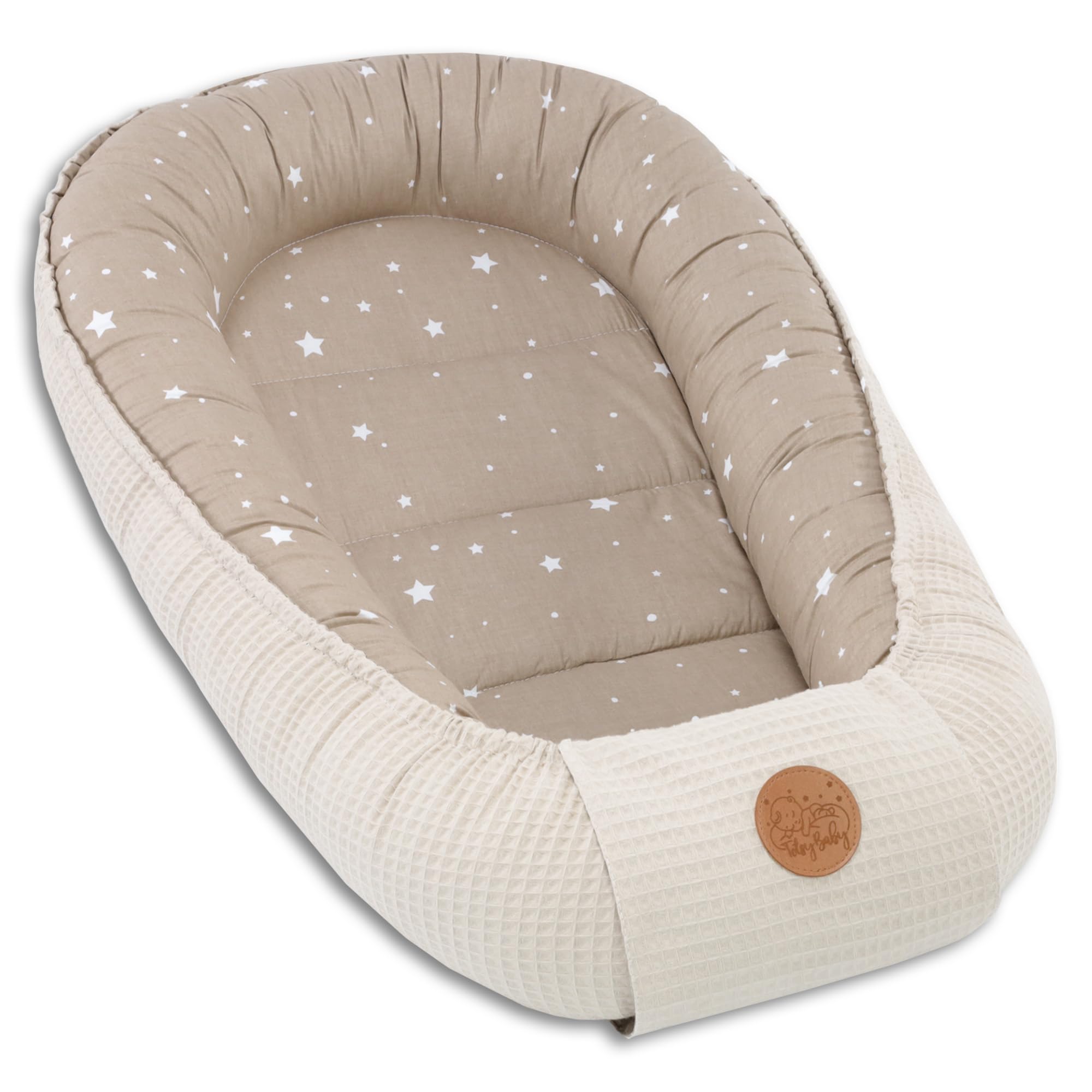 Babynest newborn baby bumper 90x50 cm - cocoon Handmade two-sided Cotton Waffle with babynest Beige with white stars