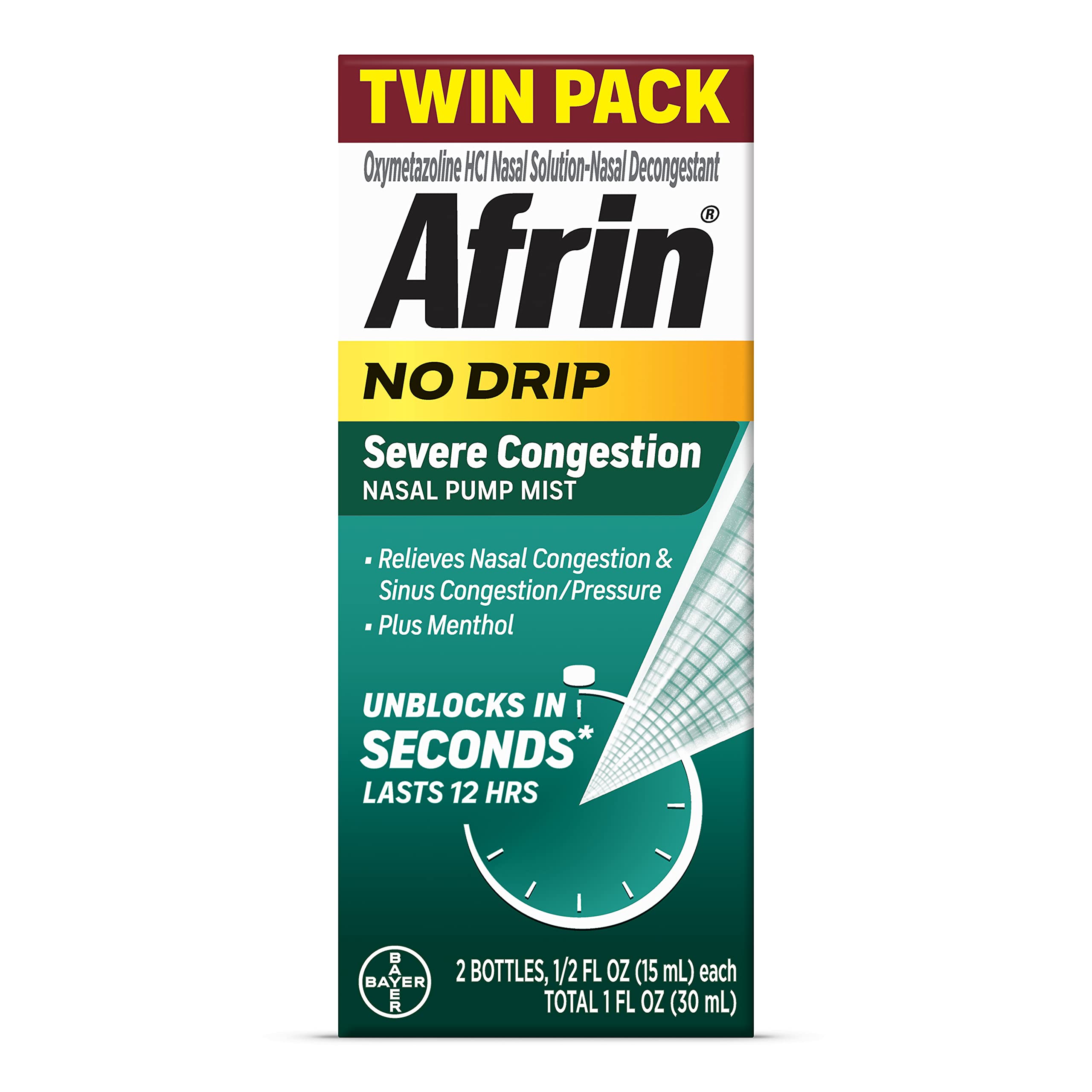 AfrinNo Drip Severe Congestion Maximum Strength Nasal Spray - 12 Hour Nasal Spray Relief for Nose Congestion, Nasal Swelling, and Allergies - 2 x 0.5 Fl Oz Bottles - Pack of 1