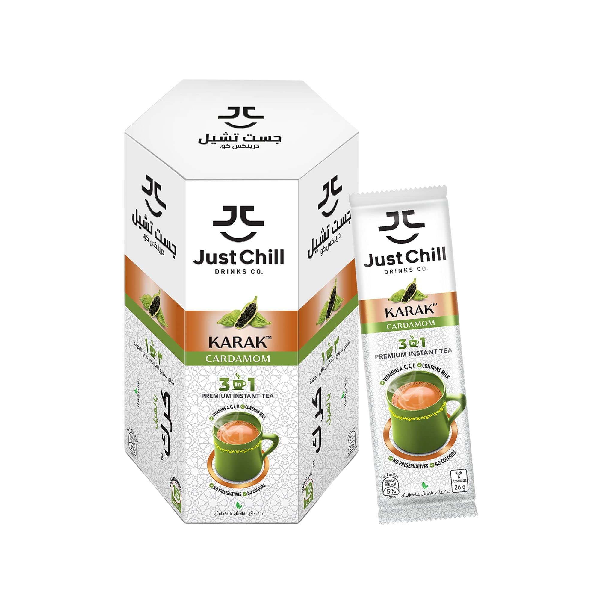 Just Chill Drinks Co. Tea Premix - Rich and Authentic Karak Chai Cardamom, Refreshing Tea, 26g x 10 Sachet