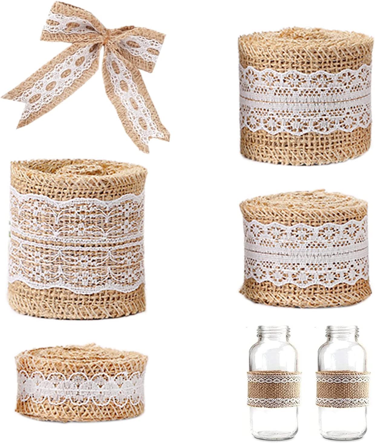 SYOSI Hessian Burlap Ribbon Roll, Natural Hessian Ribbons Roll with Lace Trim, 4 Rolls 2 Meter Jute Trim Craft Ribbon, Rustic Hessian Themed Tape for Gift Wrapping and Crafts Wedding Home Decorations