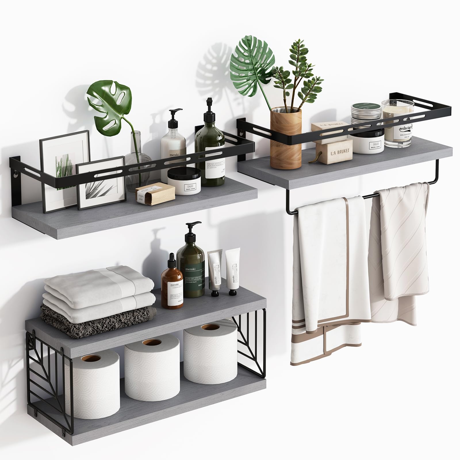 Fixwal 3+1 Tier Wall Mounted Bathroom Shelves Over Toilet, Rustic Wood Floating Shelves with Metal Frame and Towel Bar for Bathroom, Kitchen, Bedroom, Living Room (Gray)