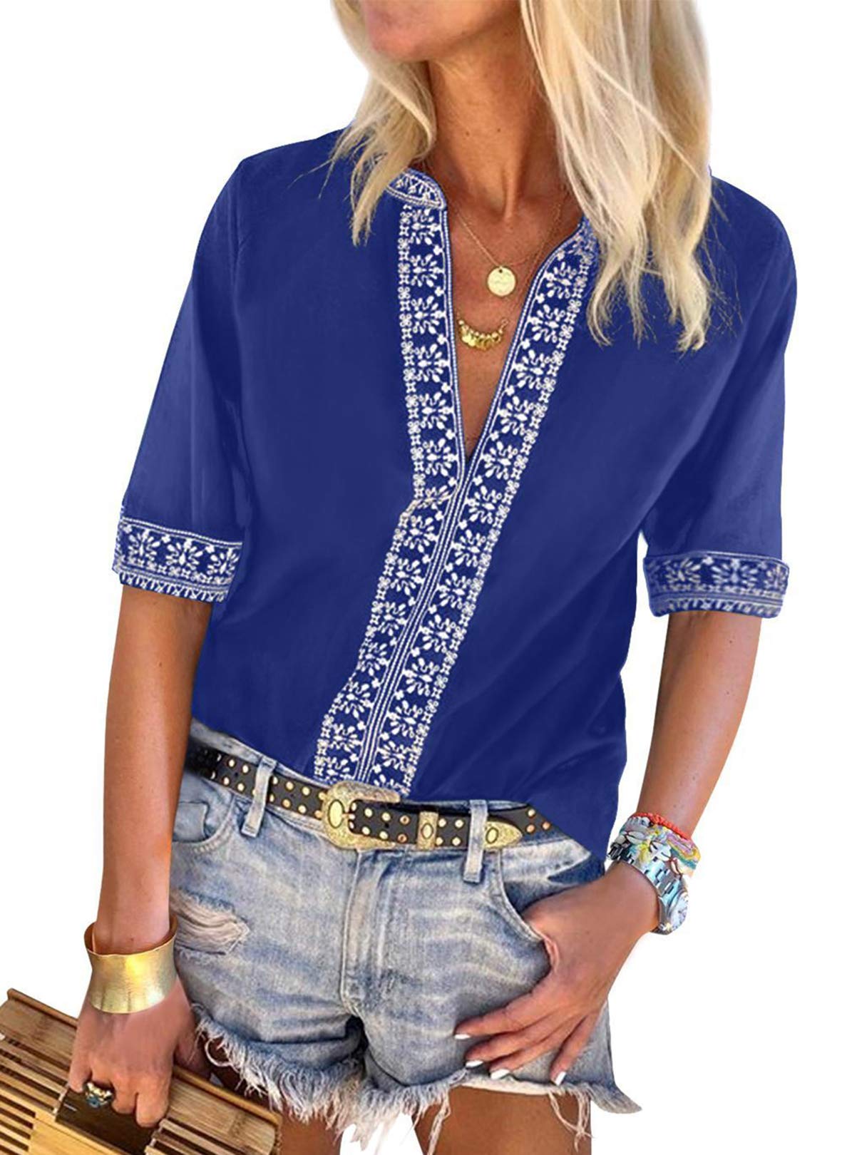 Chase Secret Womens Casual V Neck Shirt Boho Embroidered Print Short/Long Sleeve Tops Loose Blouse (S-XXL)