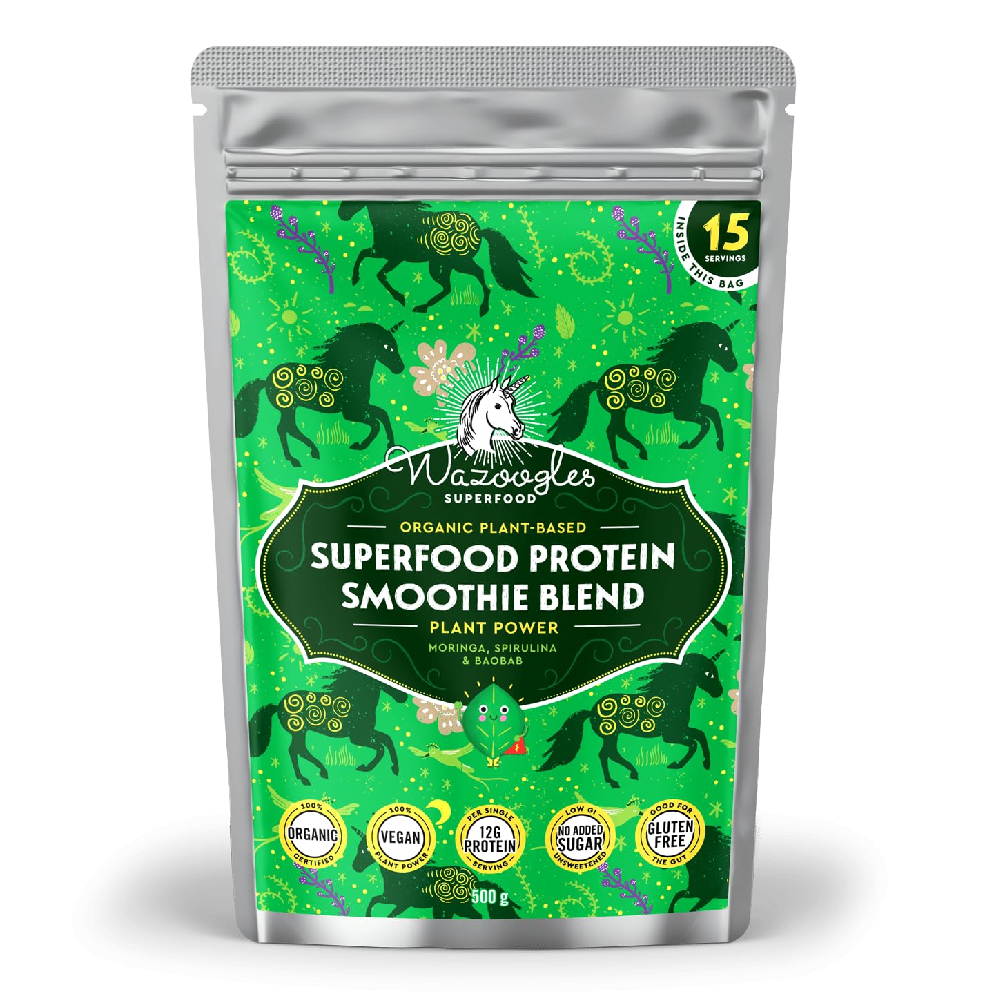 WazooglesSuperfood Protein Smoothie Blend - Plant Power, 500g | Clean Ingredients | Gluten Free | No Added Sugar | 12g Protein Per Serving | Sustainably Sourced| Plant Based Protein