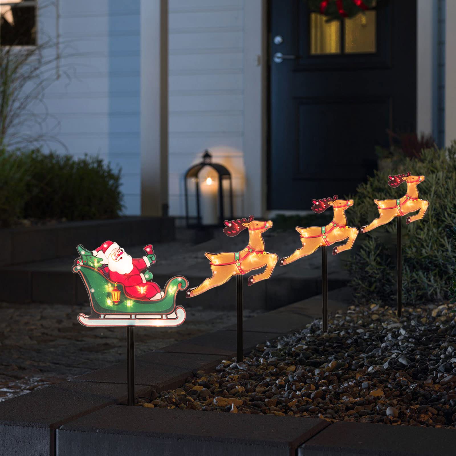 4-Piece Reindeer Set Christmas Pathway Lights, Solar Powered LED Pathway Marker Yard Stakes Christmas Outdoor Decoration