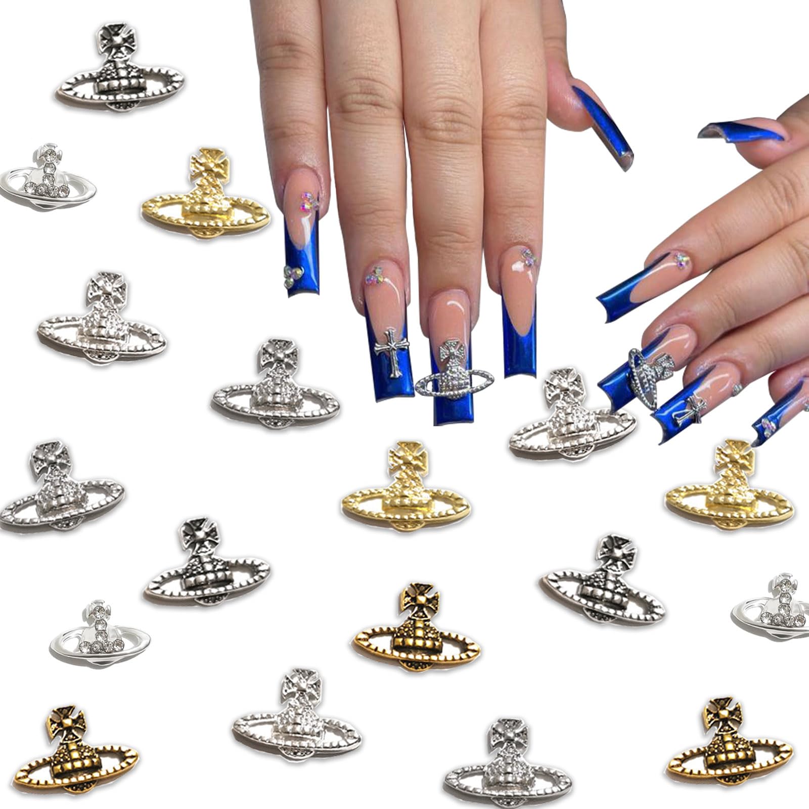 60 PCS Planet Nail Art Charms Sliver Gold Metal Nail Charms for Acrylic Nails 3D Punk Gothic Vintage Nail Supplie Saturn Nail Gems Rhinestones Design Nail Jewels for Women Nail Accessories Decorations