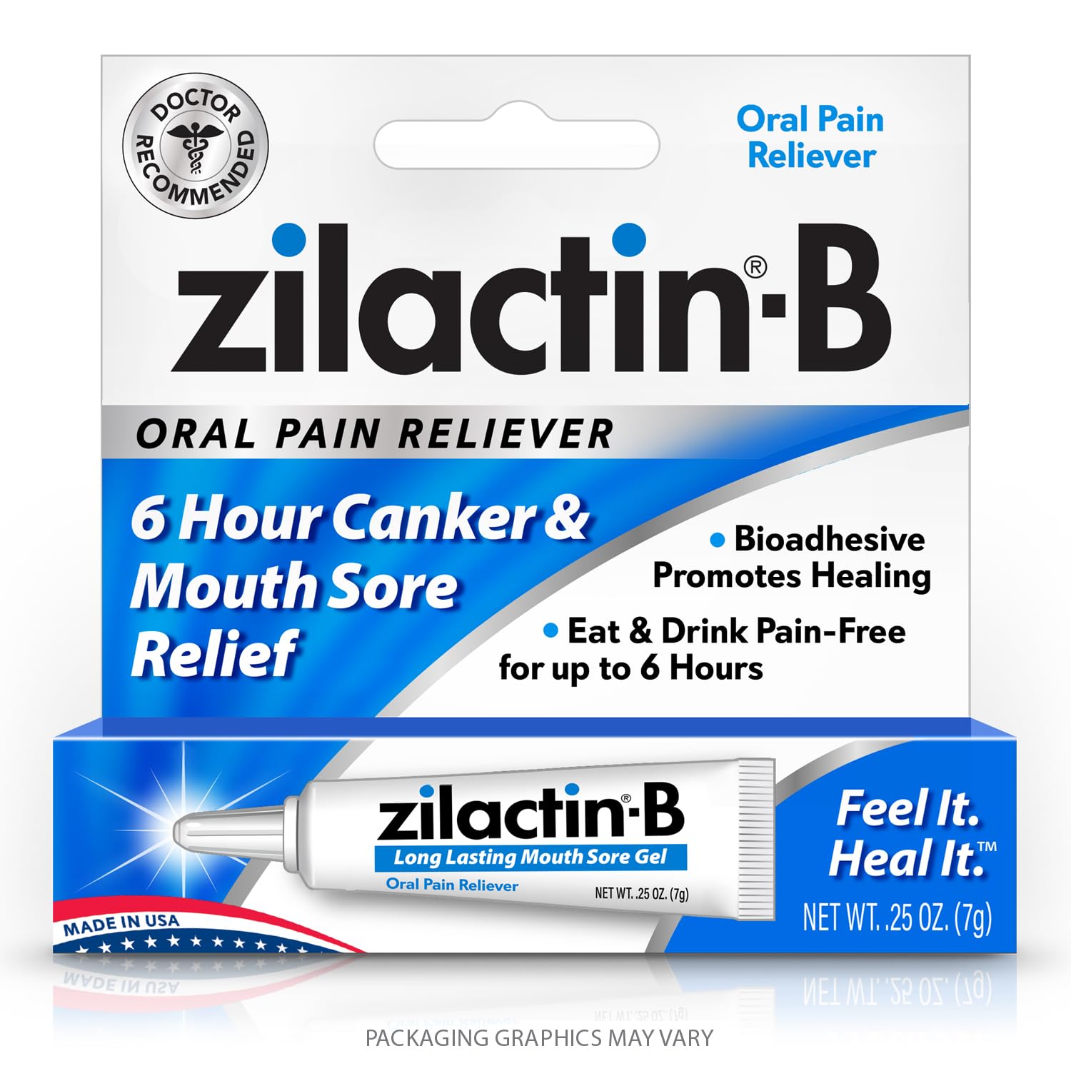 ZilactinB Fast Acting Canker Sore Treatment - Long Lasting Protection and Oral Pain Relief of Canker Sores, Mouth Sores and Gum Irritations, Made in USA, 0.25oz Gel, Pack of 1