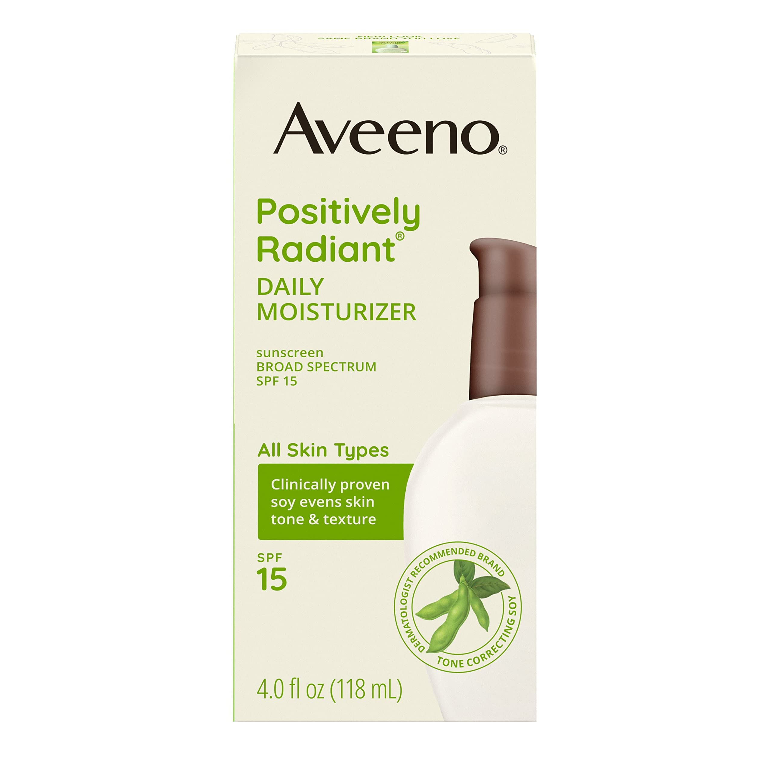 AveenoPositively Radiant Daily Facial Moisturizer with Broad Spectrum SPF 15 Sunscreen & Total Soy Complex for Even Tone & Texture, Hypoallergenic, Oil-Free & Non-Comedogenic, 4 fl. oz