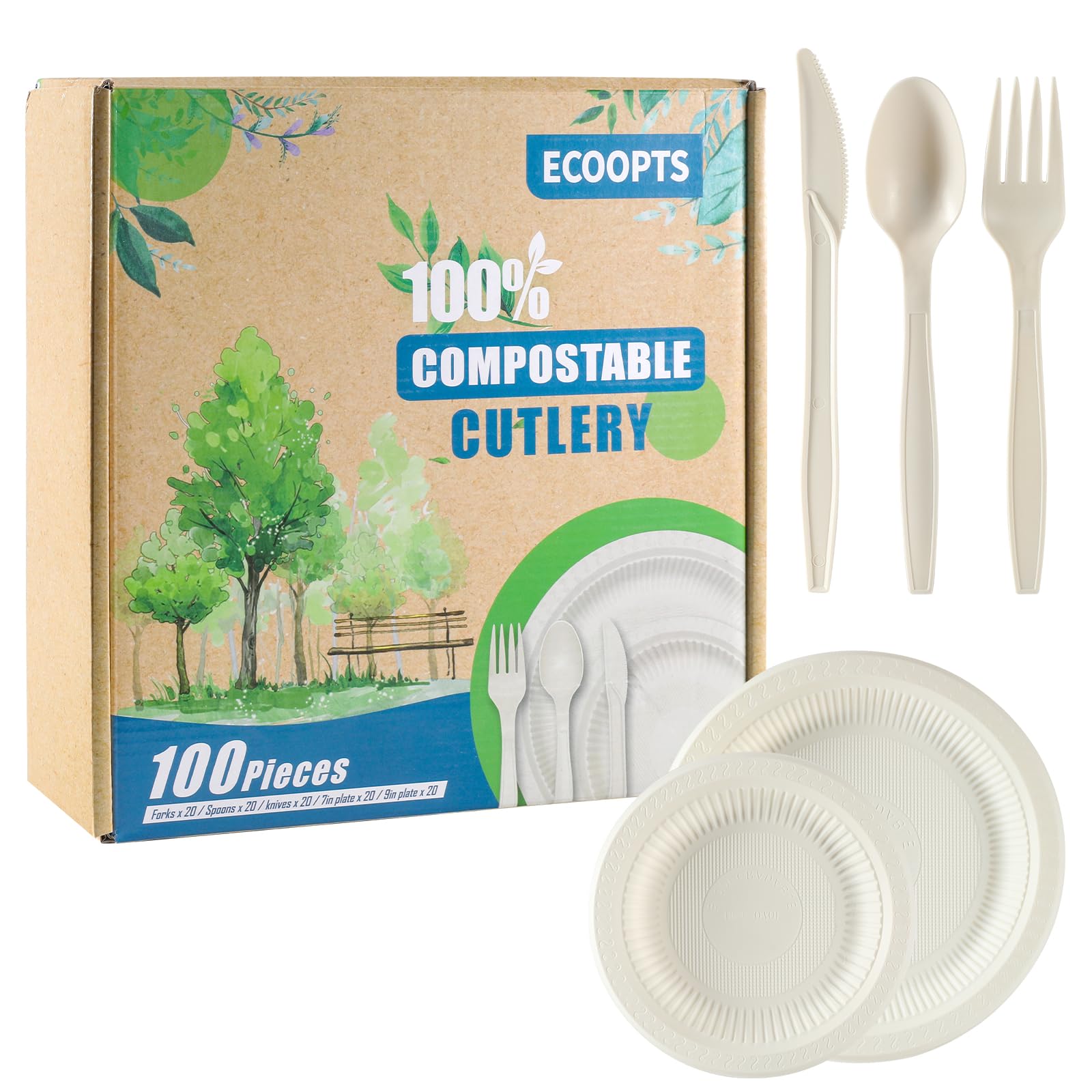 100 Pcs Disposable 100% Compostable Plates Set, Compostable Plate Eco Friendly Dinnerware Kit Includes 20 Plates, Forks, Knives and Spoons for Party Camping