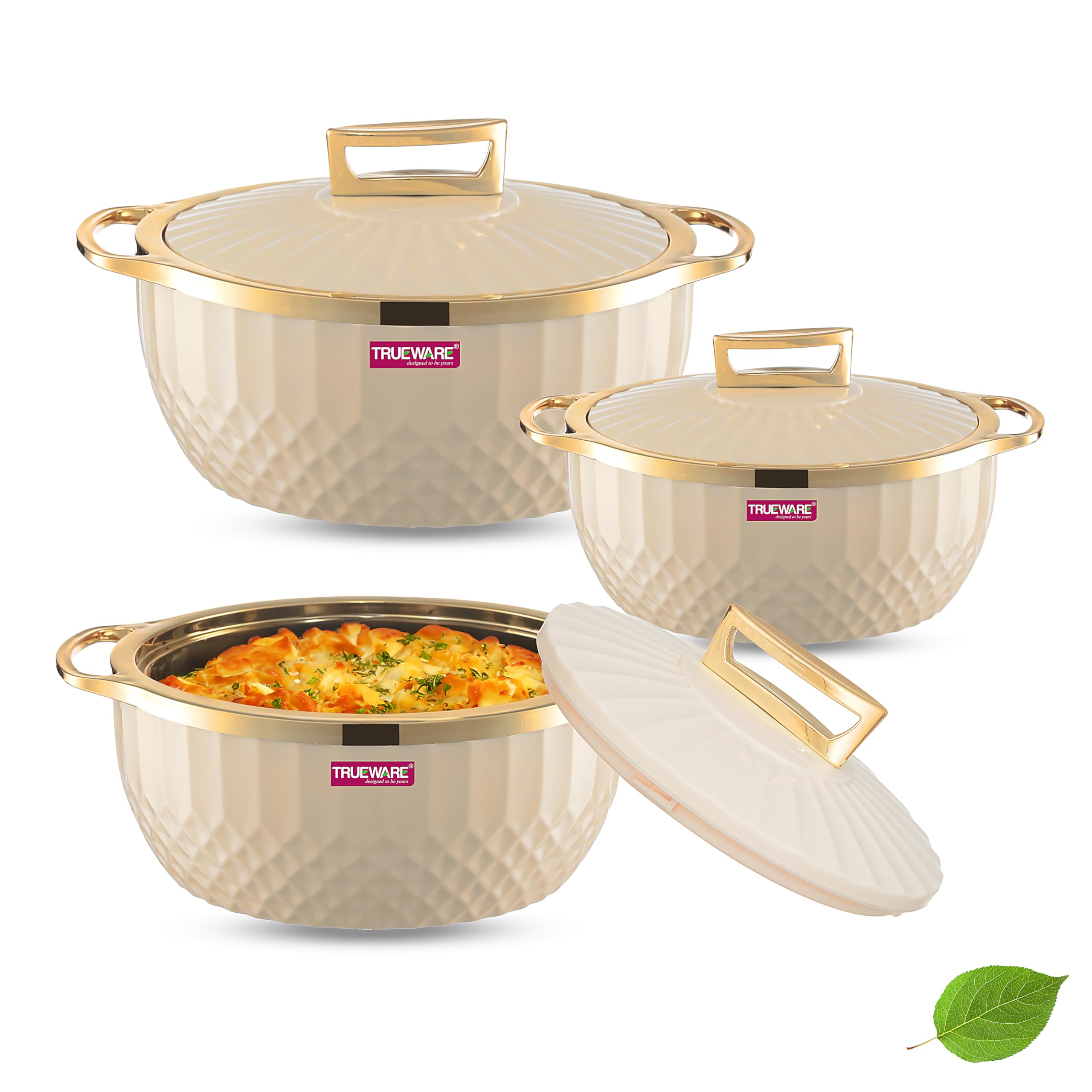 Trueware Krystal Inner Steel Casserole Set of 3, 750 ml,1000 ml & 1500 ml | PU Insulated | BPA Free | Odour Proof |Ideal for Chapatti | Roti | Curd Maker | Thermoware | Hot Pot (Setof 3-3250ML, White)