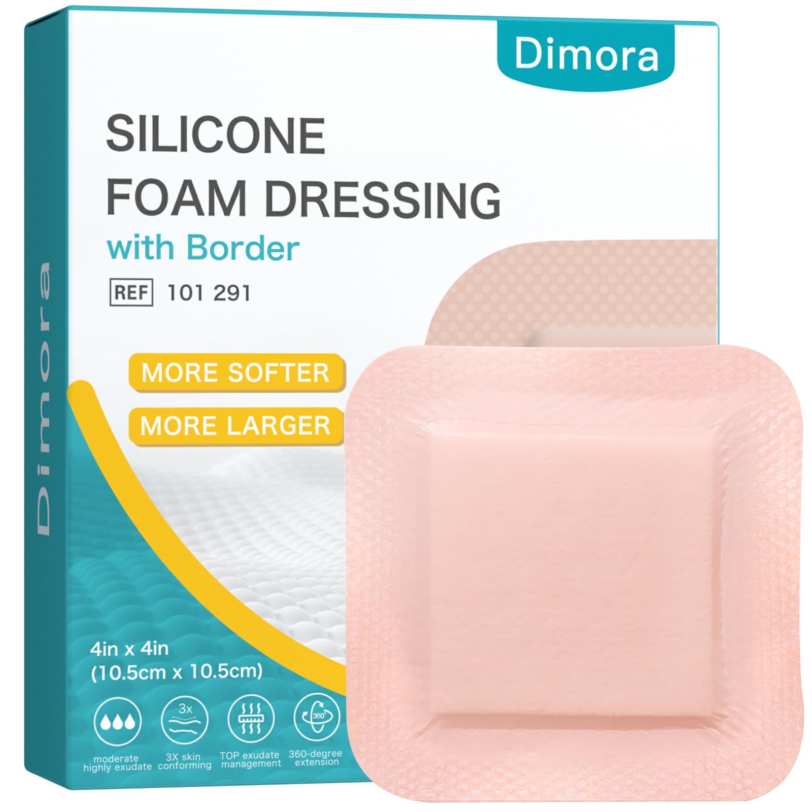 DimoraUltra Soft Silicone Foam Dressing 4"x4" - Silicone Adhesive Wound Dressing with Gentle Border, Foam Bandages for Bed Sores, Burn, Diabetic Ulcer, Surgical Wound, FSA/HSA Approved (10 Pack)