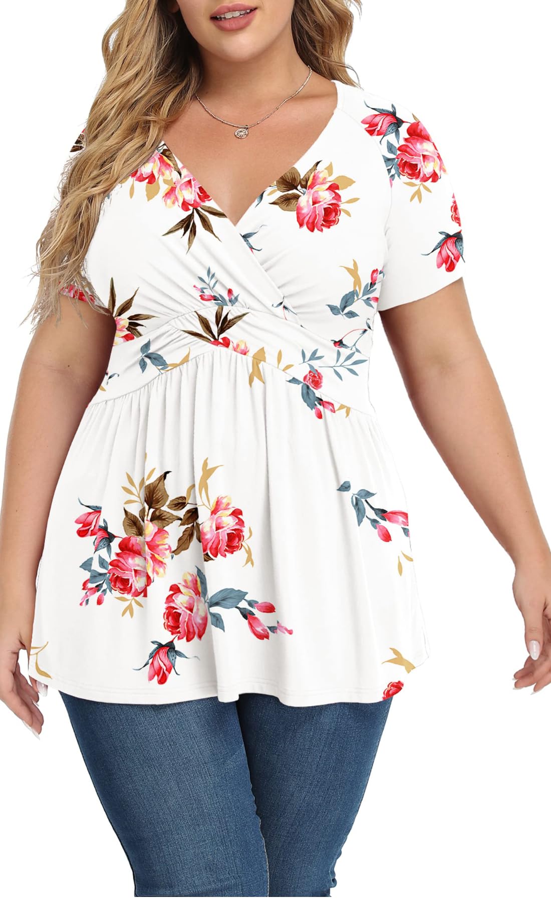 AneluneLadies Tops Plus Size Womens Tops V Neck Short Sleeve Summer Tunic Tops Loose Casual Blouse L-4XL