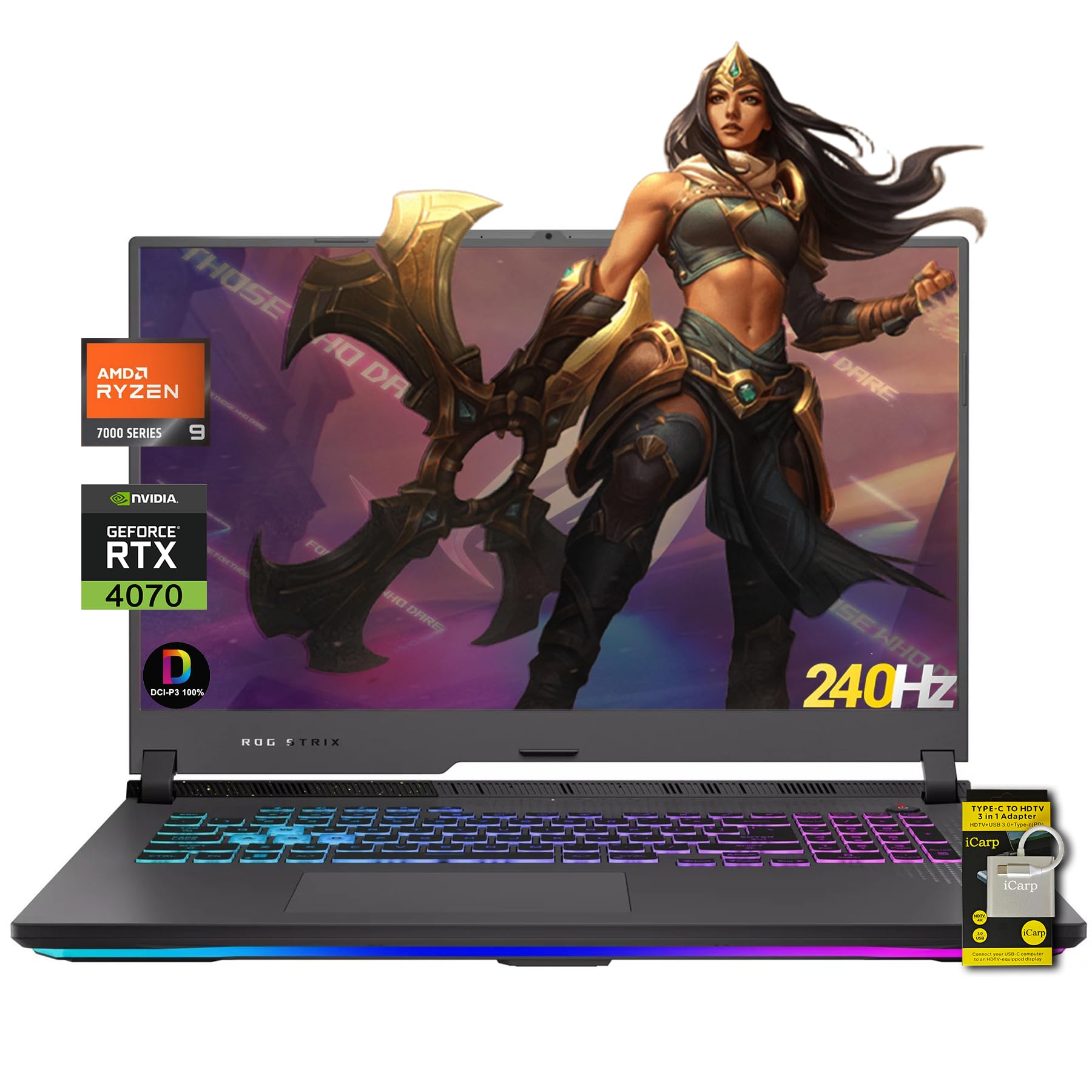 ASUSROG Strix G17 Gaming Laptop 17.3" WQHD 240Hz (G-Sync, 100% DCI-P3, 3ms) AMD 16-core Zen 4 Ryzen 9 7940HX (>i9-12900H) 32GB RAM 1TB SSD GeForce RTX 4070 USB-C RGB Backlit Win11 w/ICP Accessory