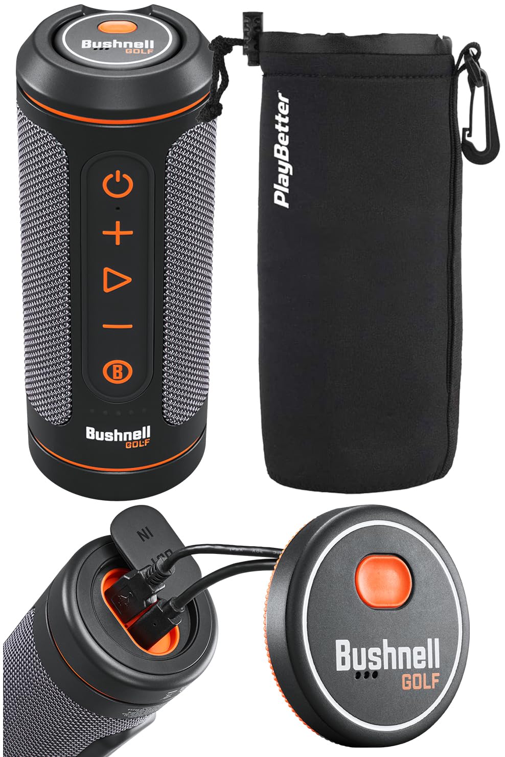 Bushnell Wingman 2 Golf Speaker with GPS (2024) | Remote Controlled Voice GPS Distances, Music, 40,000+ Courses, BITE Magnetic Cart Mount - Bundle with PlayBetter Protective Wingman Pouch