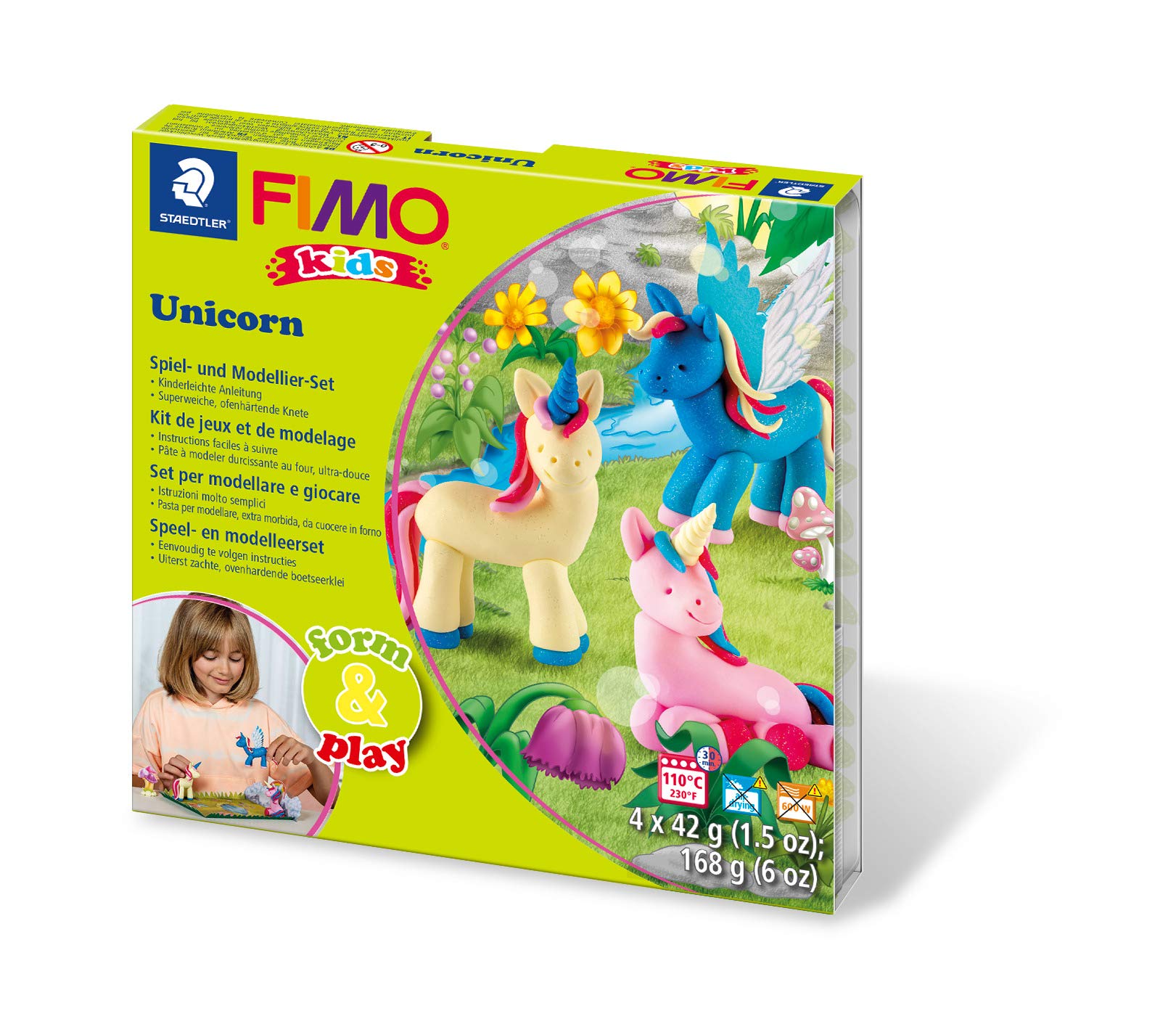 STAEDTLER 8034 19 LZ03 FIMO Kids Form&Play Playtime & Modelling Polymer Clay Set - "Unicorn" (Pack of 4 Blocks, Stickers, Modelling Tools & Background Scene)