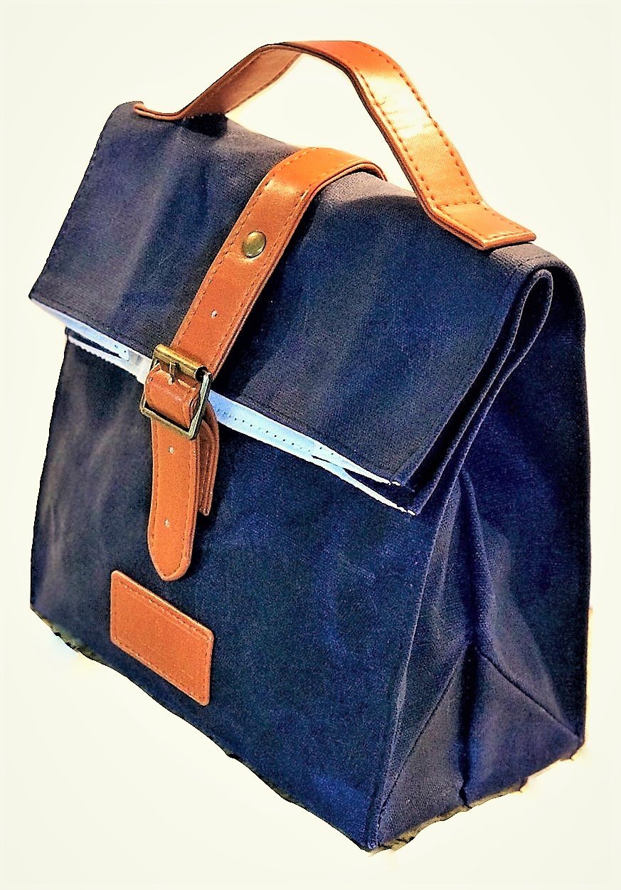 Lunch Bag | Lunch Tote | for Men & Women | Waxed Canvas | Eco Friendly Insulated Cotton Lining | Water Resistant | Navy | Vintage Style | Handmade