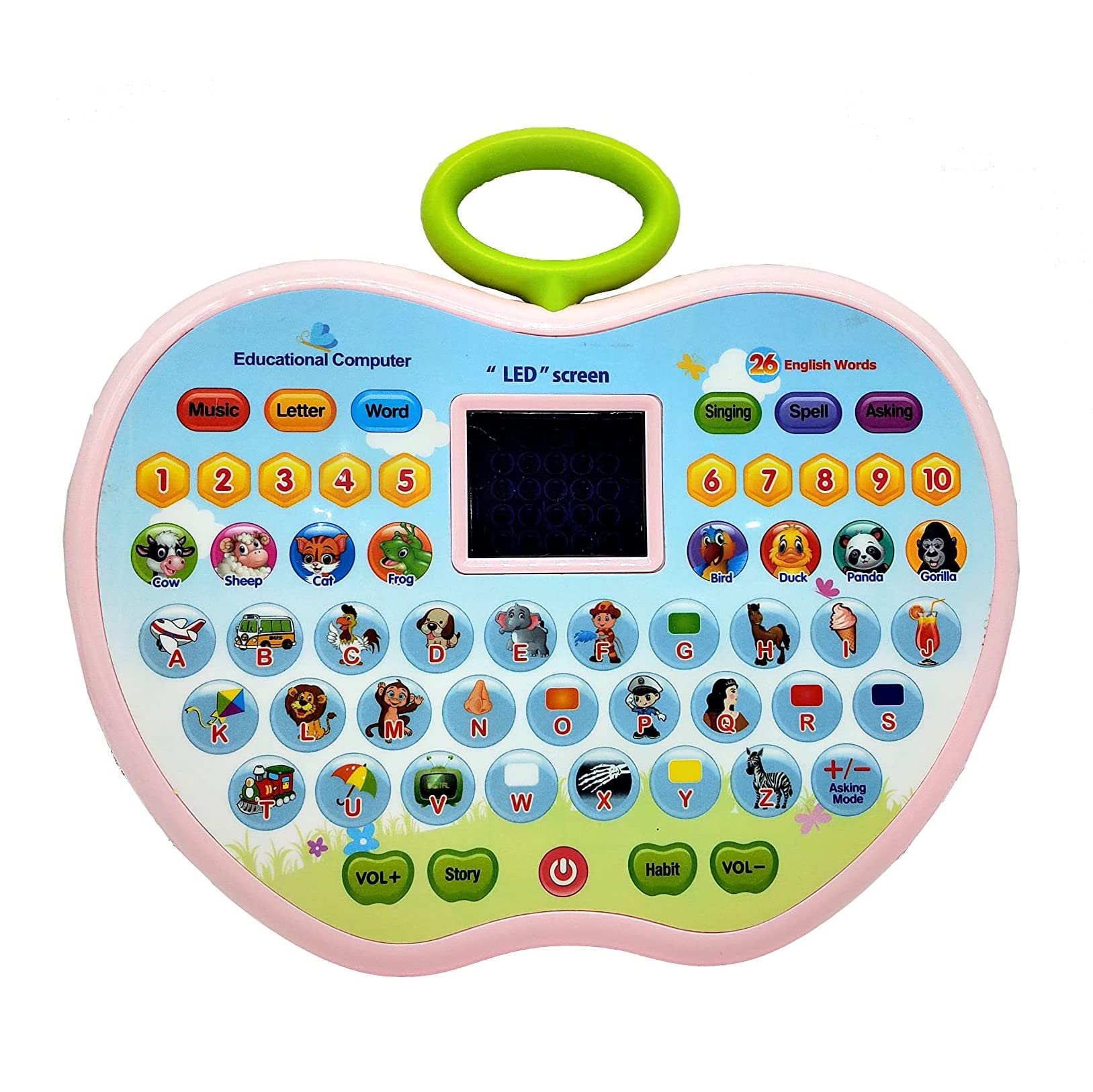 VGRASSP Apple Shape Educational Mini Computer Laptop Toy for Kids LED Display and Fun Music for Learning Alphabets Numbers Words and Animals (Pink)