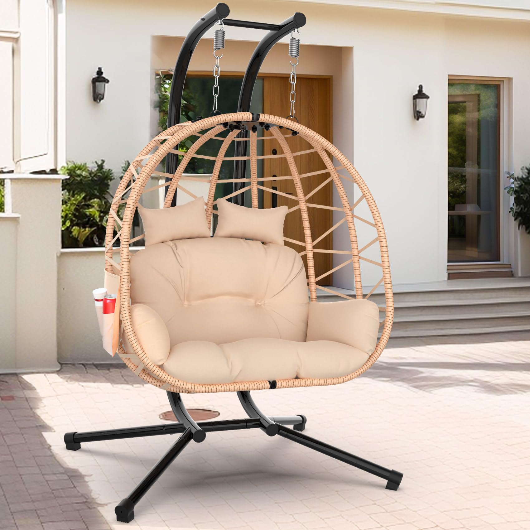 ZENPETIO Double Egg Chair with Stand, 2 Person Egg Swing Chair, Rattan Wicker Swing with UV Resistant Cushion and Pillow, for Indoor Outdoor Bedroom Patio Hanging Basket Chair, Brown