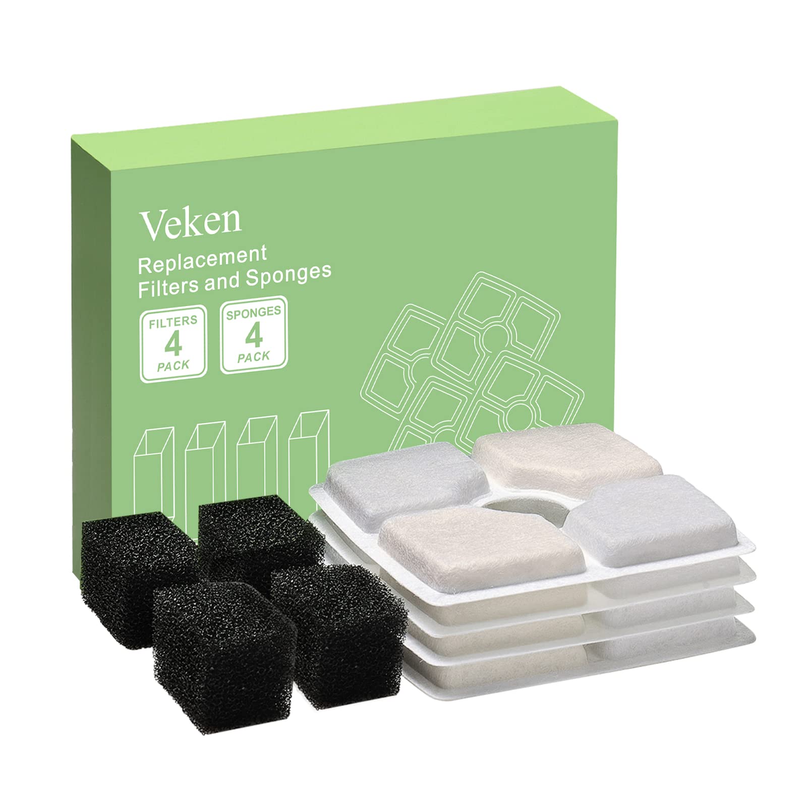 Veken4 Pack Replacement Filters & 4 Pack Replacement Pre-filter Sponges for Automatic Pet Fountain Cat Water Fountain Dog Water Dispenser