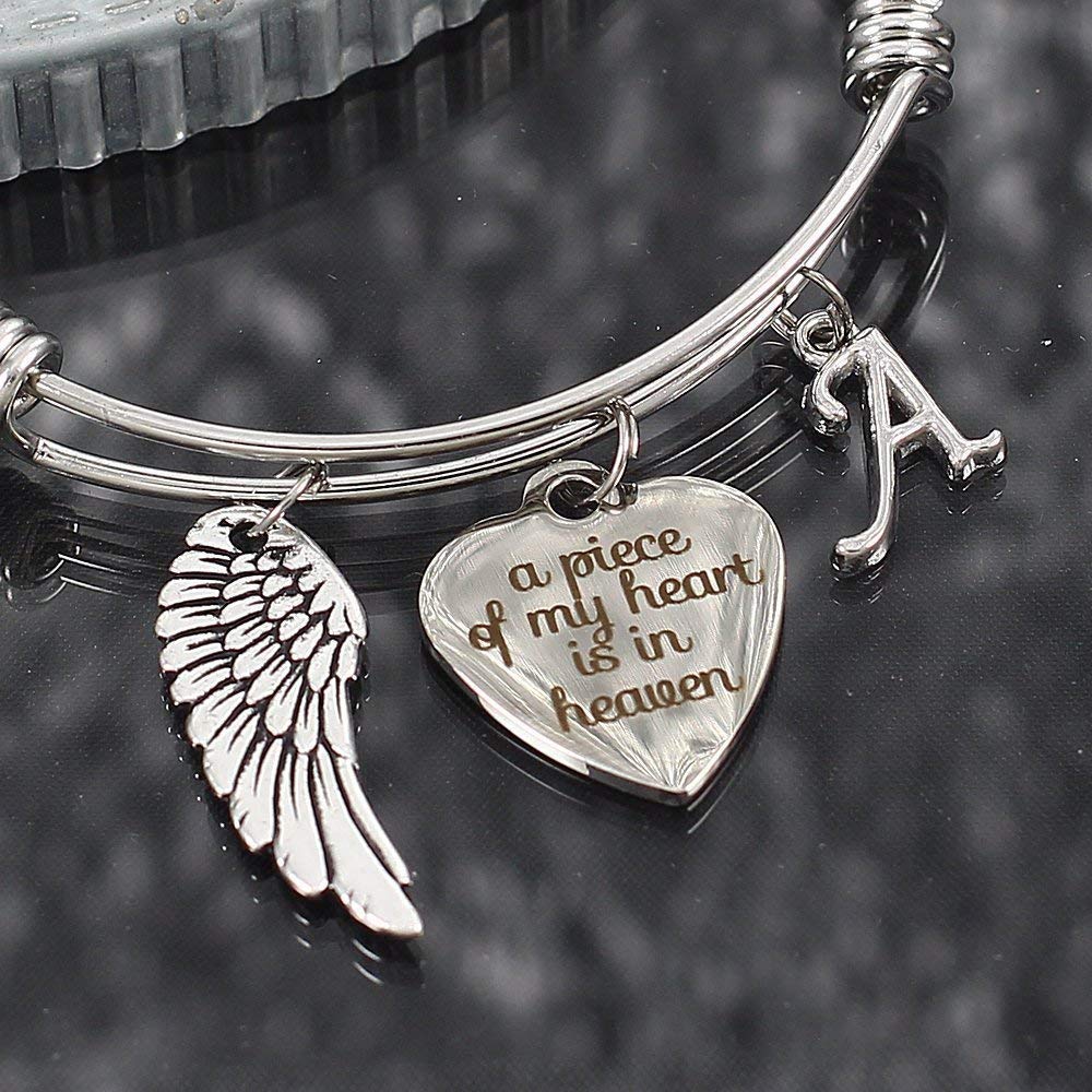 A Piece of My Heart is in Heaven Memorial Bangle Bracelet, with Letter and Wing Charms