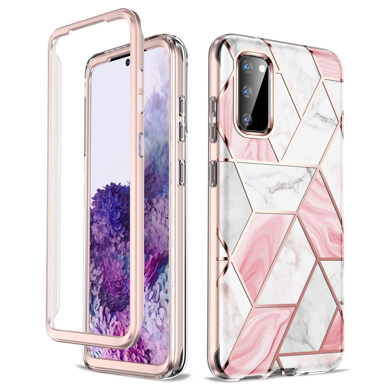 GOLINKFull Body Shockproof Case for Samsung Galaxy S20 5G (2020 Release), Bling Chrome Marble Slim Stylish Bumper Case Without Built-in Screen Protector-Pink Marble