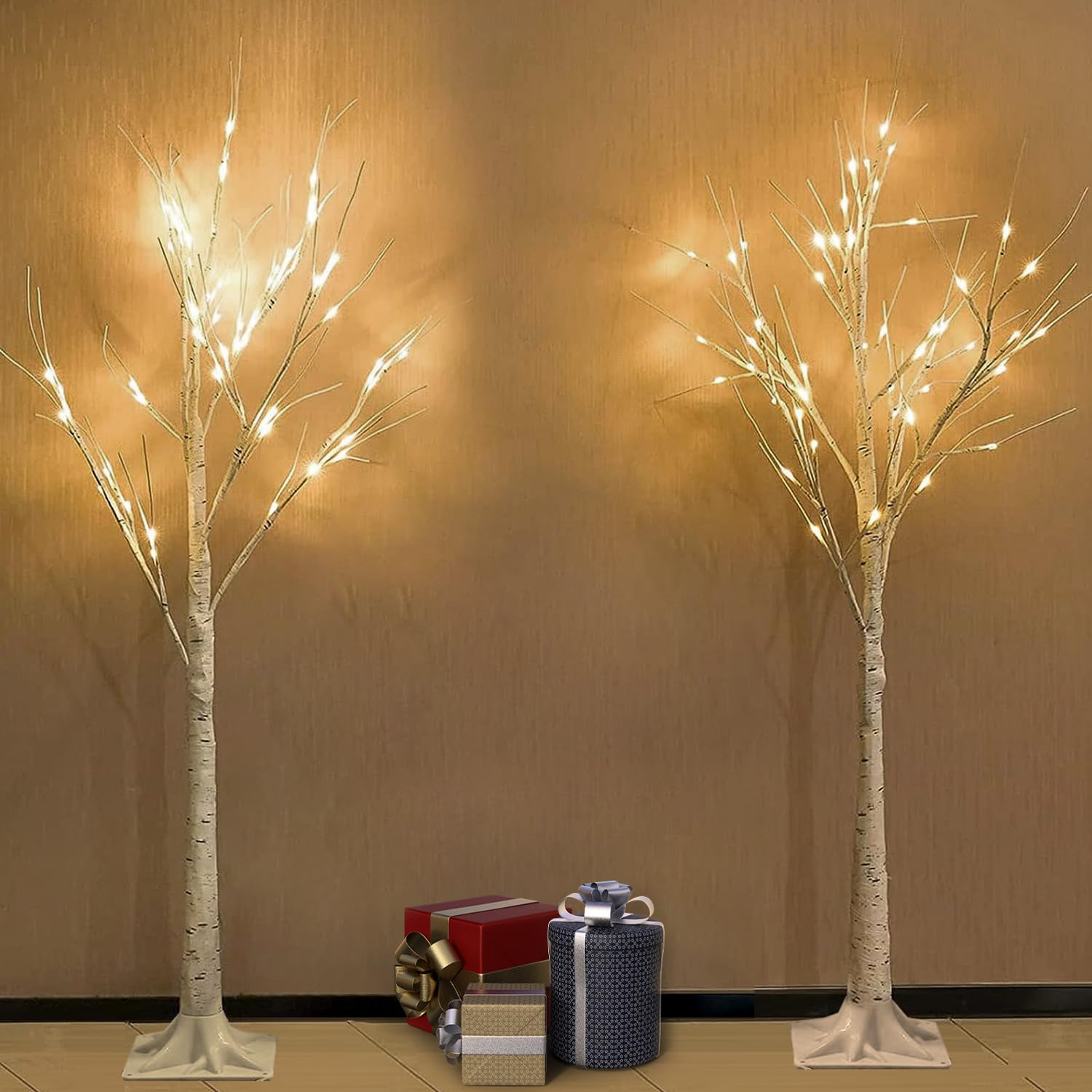 2-Pack 4FT Lighted Birch Tree for Indoor Christmas Decorations Outdoor, Higher Size, Timer Function Birch Christmas Tree with 96 LED Warm White Lights for Home Decor Bedroom Thanksgiving Party Garden