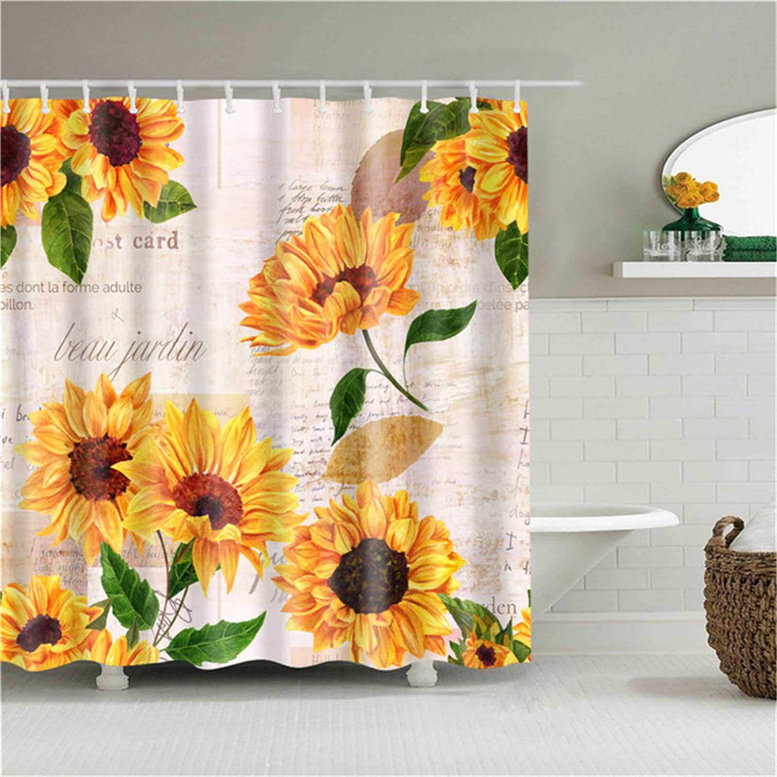 Tinnoon Shower Curtain, Anti-Mould Proof Resistant, Waterproof, Weighted Hem, Resistant WashableSunflowerBathroom Curtains, 3D Digital Polyester Extra Long Shower Curtains Grey, With Hooks，165x180cm