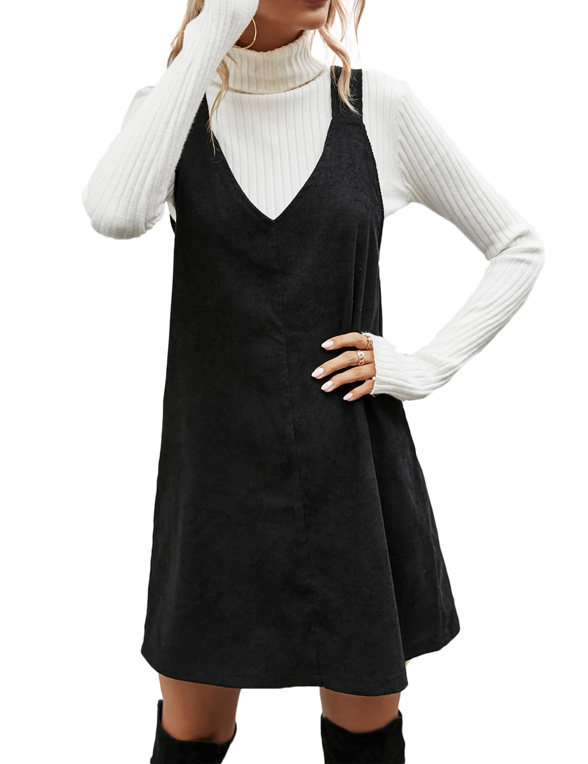 Women's Corduroy Overall Dress V Neck Sleeveless Solid Short Pinafore Dress