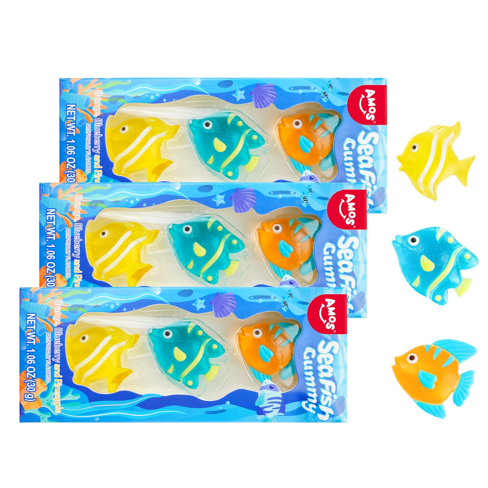 Amos 4D Gummy Fish Candy, Tropical Fish Shaped Fruity Snacks for Kids, Orange & Pineapple & Blueberry Flavor, 1.06 Ounces(Pack of 3)