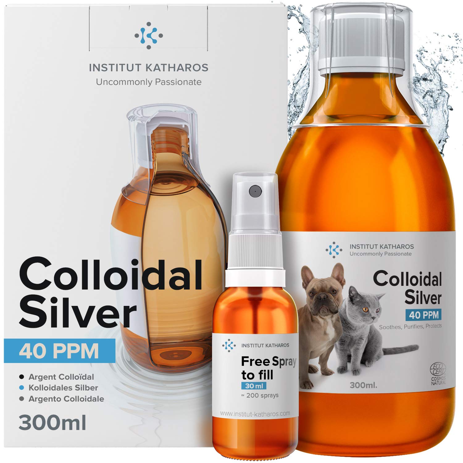 Premium Colloidal Silver 300ml 40ppm ● For Pets (Dogs, Cats, Fish) ● & Spray to Fill ● 100% Natural ● Higher Concentration, Smaller Particles = Better Results ● Lab Certified ● For Ear, Eyes, Skin