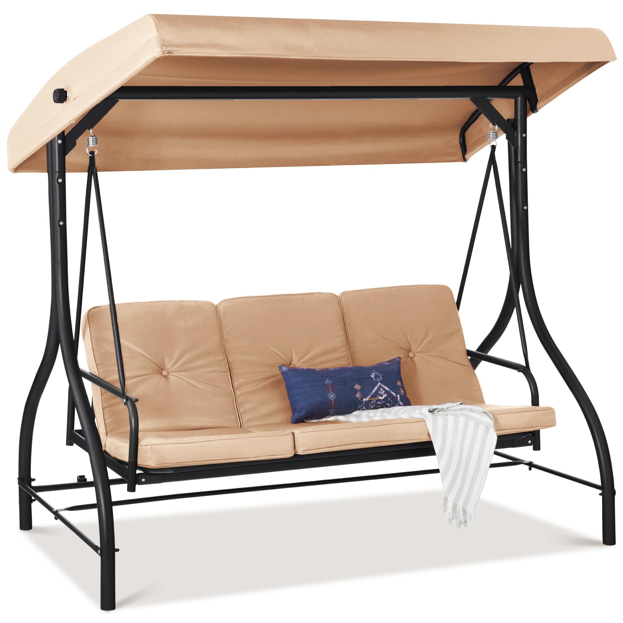 Best Choice Products 3-Seat Outdoor Large Converting Canopy Swing Glider, Patio Hammock Lounge Chair for Porch, Backyard w/Flatbed, Adjustable Shade, Removable Cushions - Tan