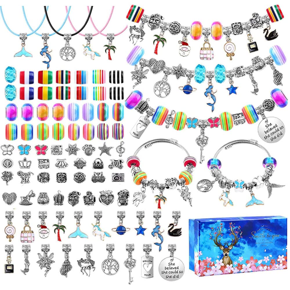 112Pcs Charms Bracelet Making Kit for Girls, DIY Charm Bracelets Kit with Jewelry Making, Present For 8-12 Year Old Girl,Bracelet Kit Jewelry Gift for Girls Kids Teens and Adults (Blue)