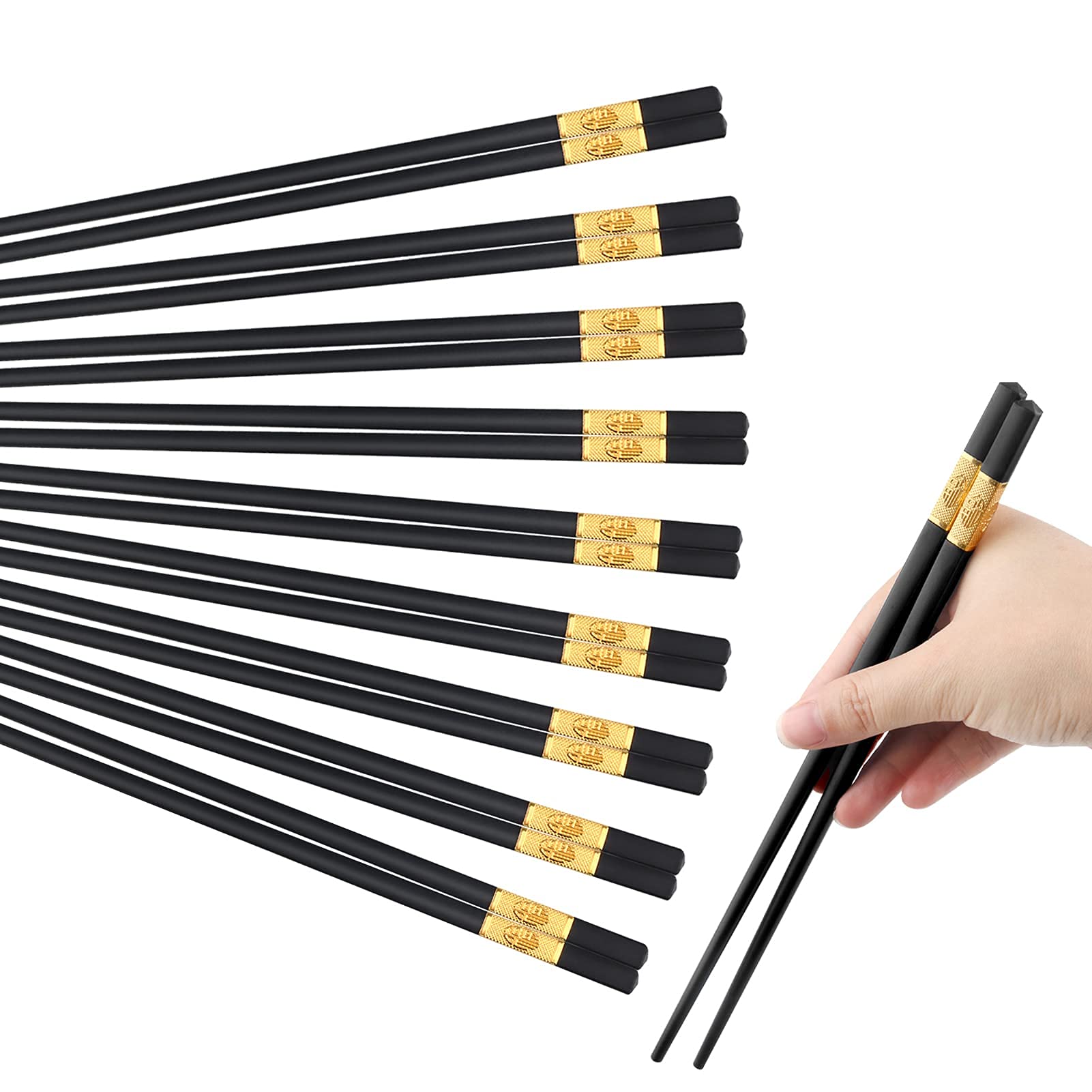 Durable Non-Slip Black Alloy Chopsticks Set, KASTWAVE Dishwasher-Safe, Reusable Non Slip Chopsticks Set, Luxurious Chinese Fu Chopsticks Gift Set 9.5 Inch, 10 Pairs