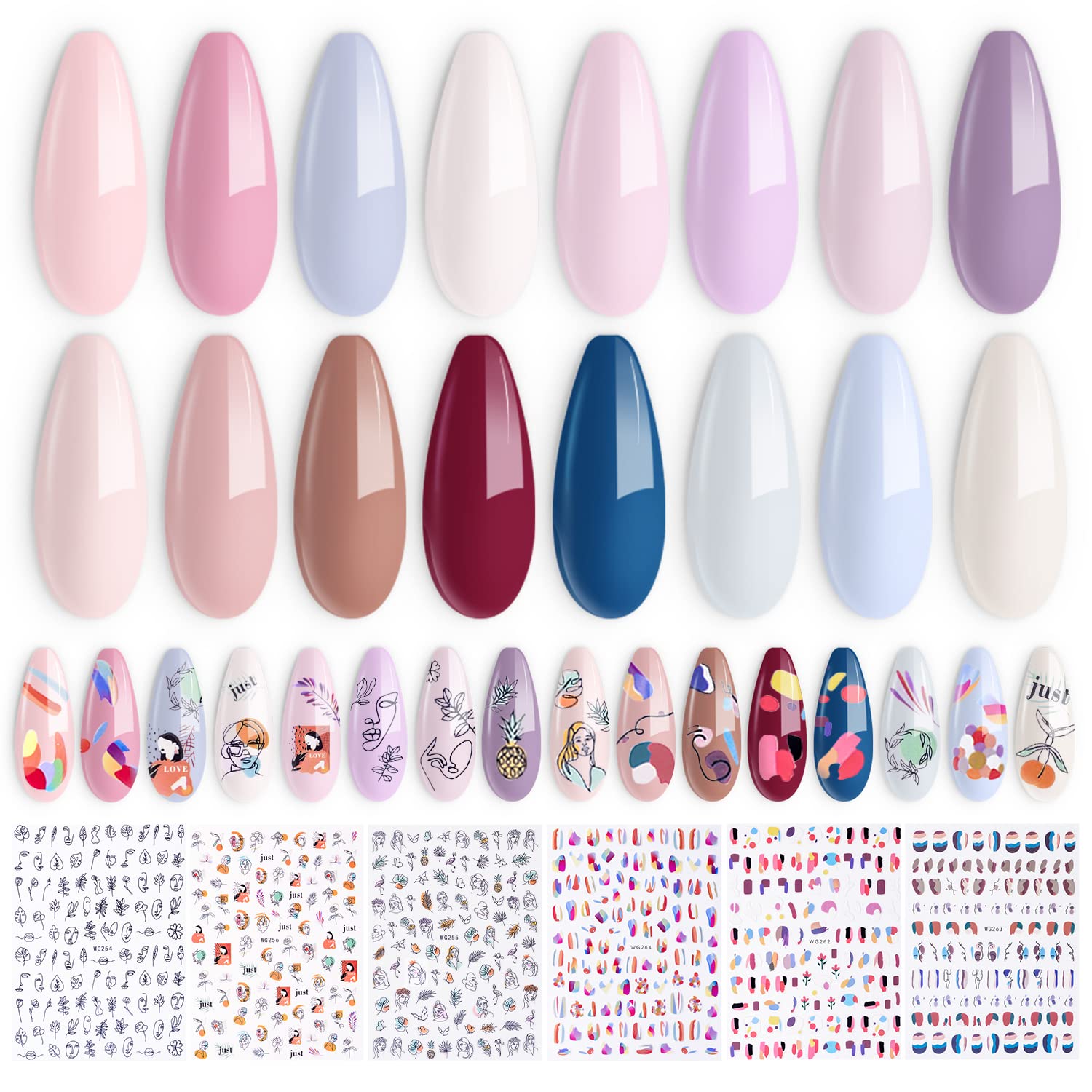 Ab Gel Nail Polish Set Nude Series - 16 Colors Nail Polish Kit with 6 pcs Nail Stickers,with Base Top Coat Soak Off UV Led Nail Polish Gel Manicure Kit for Nail Salon Home