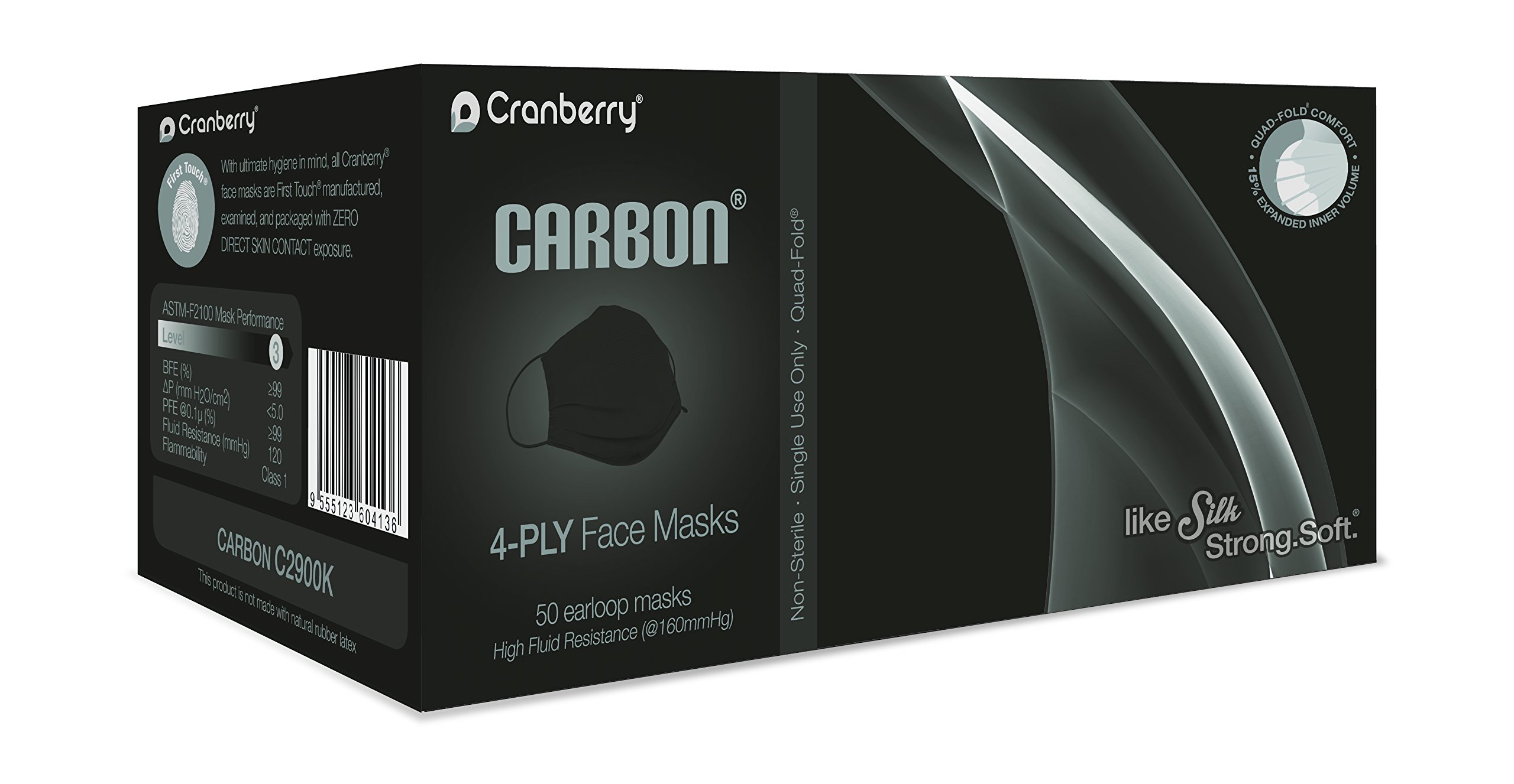 CranberryUSA C2900K Cranberry Carbon Earloop Face Masks, Black (Pack of 50)