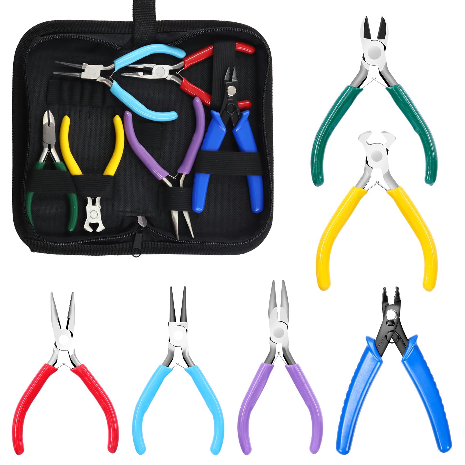 Keadic 6Pcs 4.5" Mini Jewelry Pliers Includes Round Nose Pliers, Needle Nose Pliers, End Nippers, Wire Cutters, Bent Nose Pliers, Crimping Pliers for Jewelry Making Supplies Wire Wrapping Beading