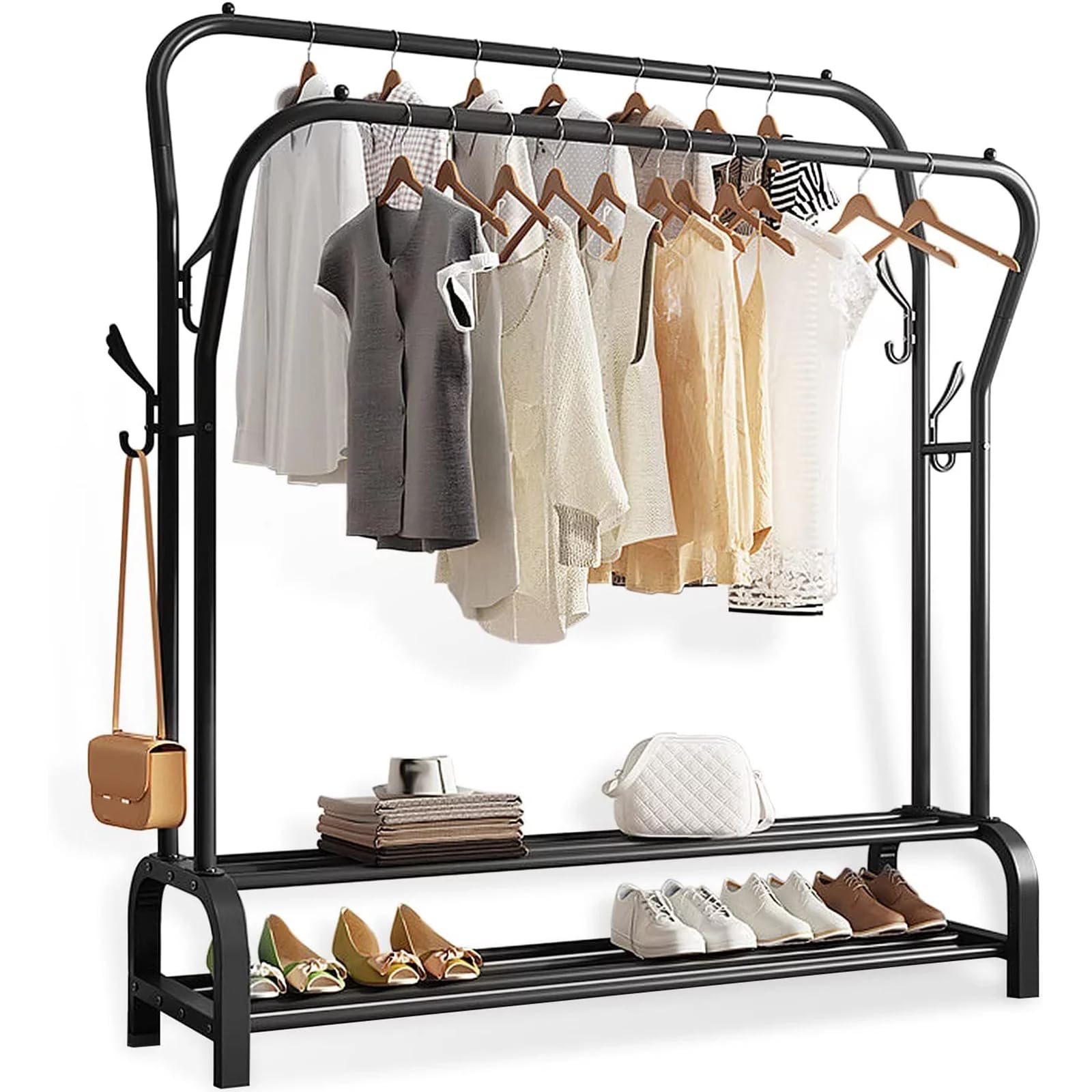 Owme Multipurpose Curved Metal Garment Rack Clothes Rail Double Pole Garment Stand with 2 Bottom Shelves & Side Hook Tower Shelf Hanging Handbag Umbrella Large for Man,Women,Kids (RAIL BLACK)