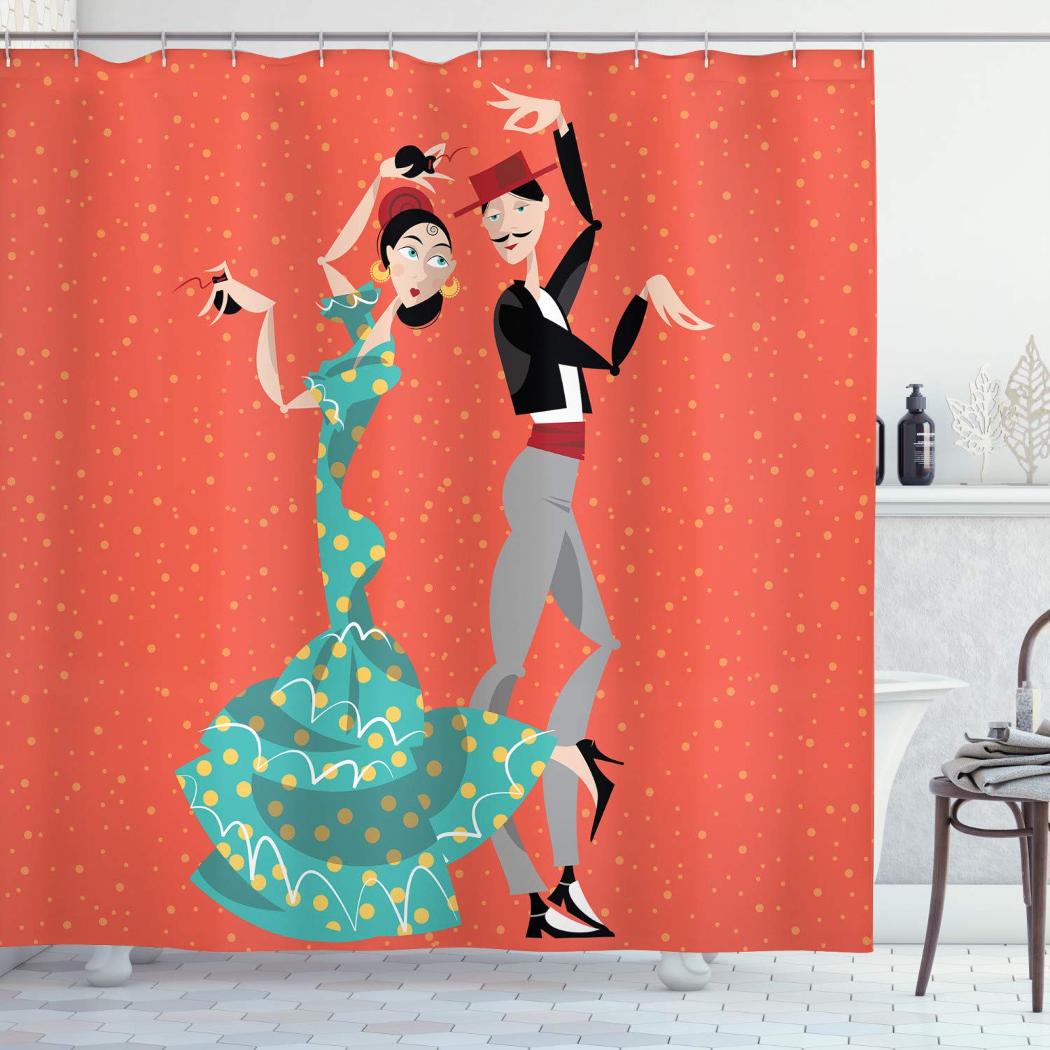 ABAKUHAUS Spanish Shower Curtain, Flamenco Dancers Couple Performing in Historical Folk Dress Latino Tradition, Cloth Fabric Bathroom Decor Set with Hooks, 78 Inches, Multicolor