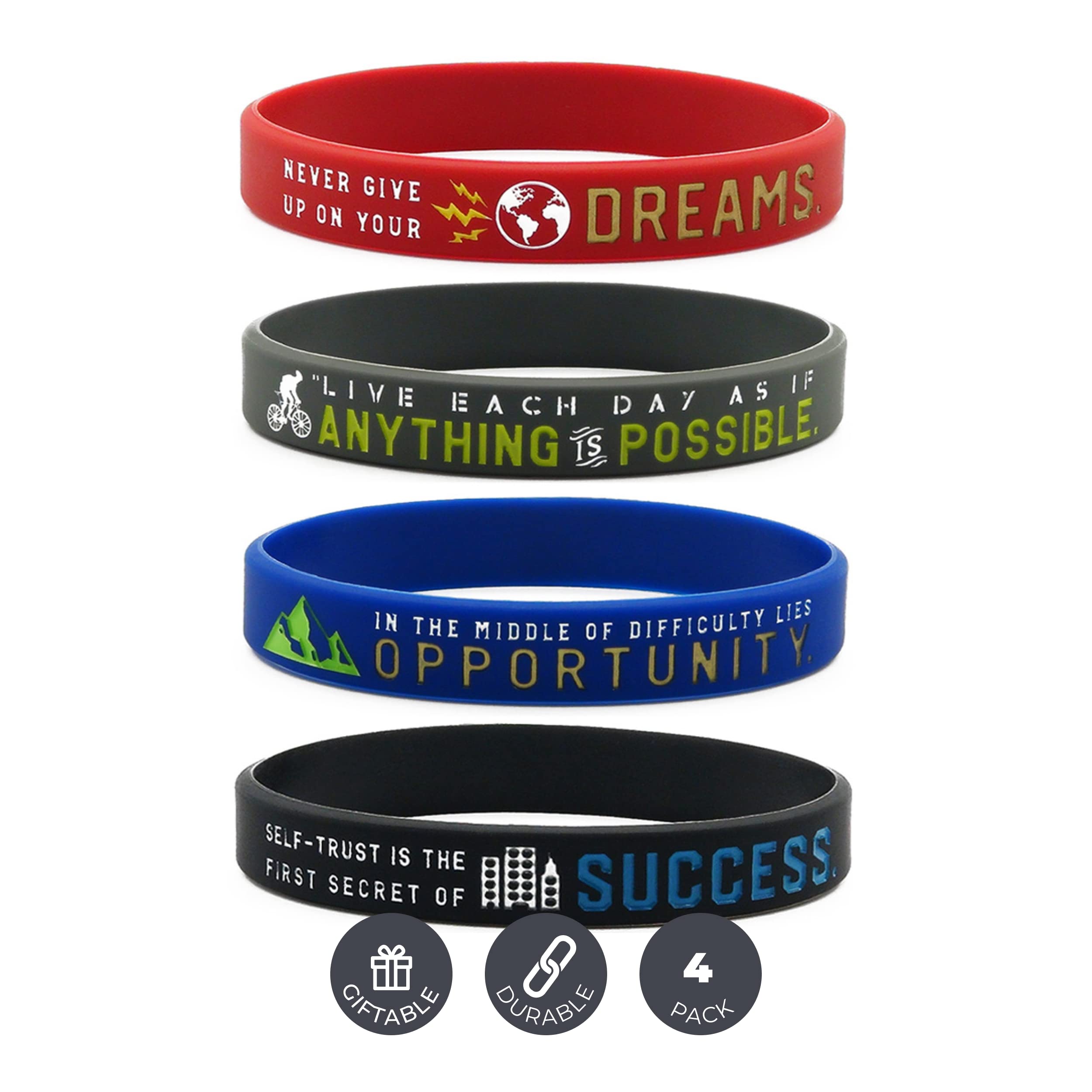 InkstoneInspirational Bracelets 4 Pack with Motivational Sayings Anything is Possible Success Dreams Opportunity Silicone Rubber Inspirational Jewelry Bracelets