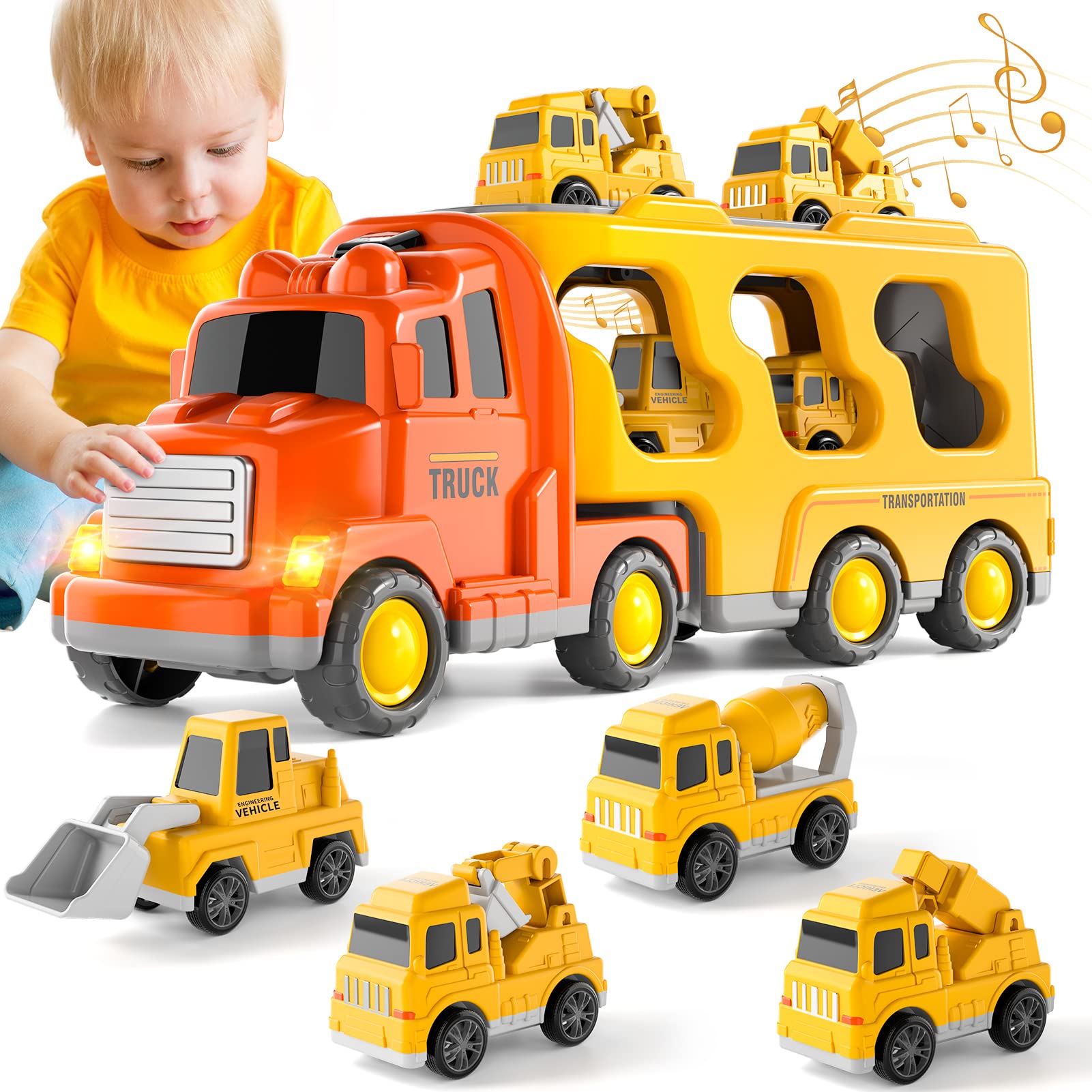 Ci Vetch Car Transporter Toy for Boys, 5 In 1 Construction Trucks Cars Toys with Light Sound, Kids Birthday Gifts Toys for 2 3 4 5 6 Year Old Boys Girls Toddlers