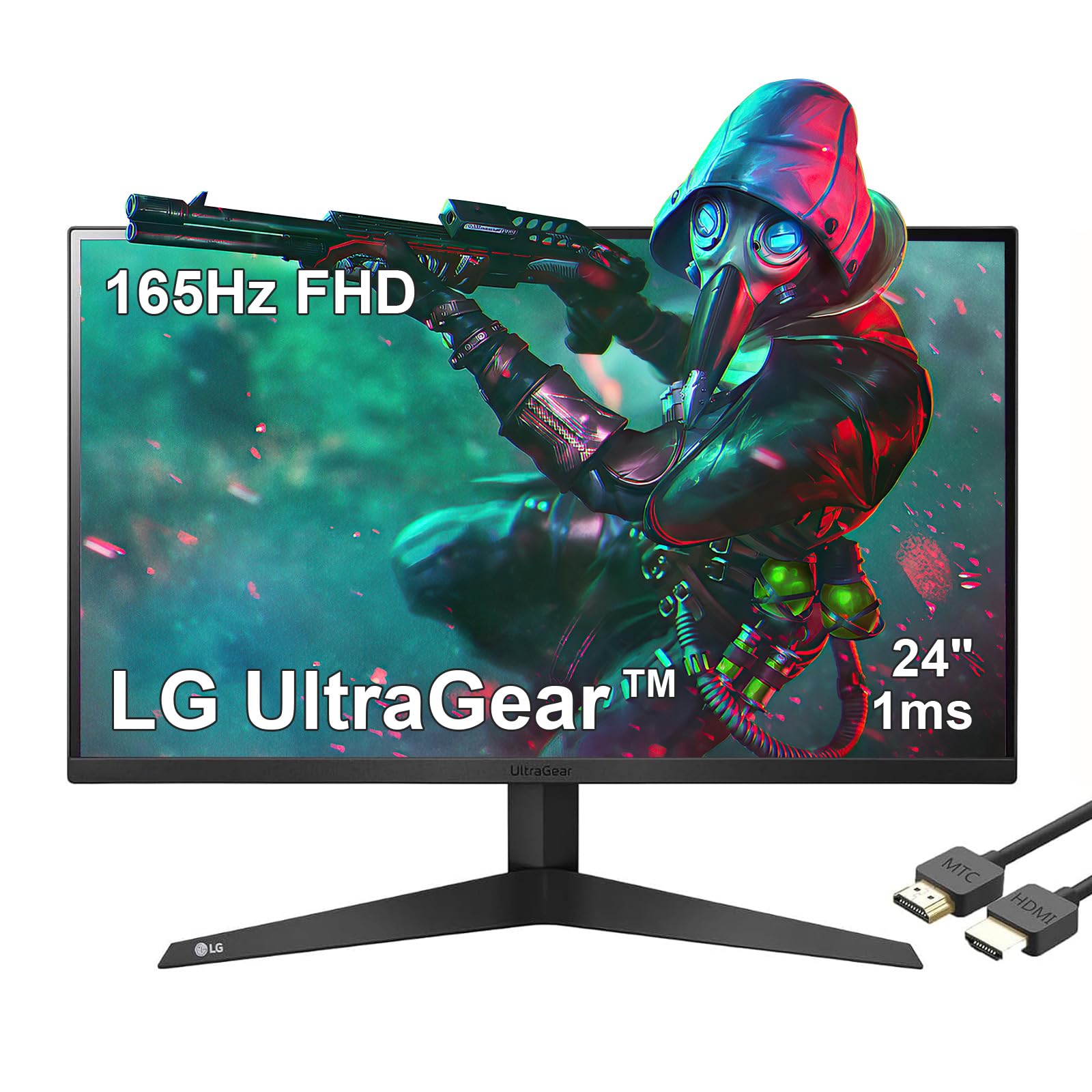 LG 24” Ultragear FHD(1920 x 1080) 1ms 165Hz Gaming Monitor, AMD FreeSync Premium, Black, with MTC HDMI Cable