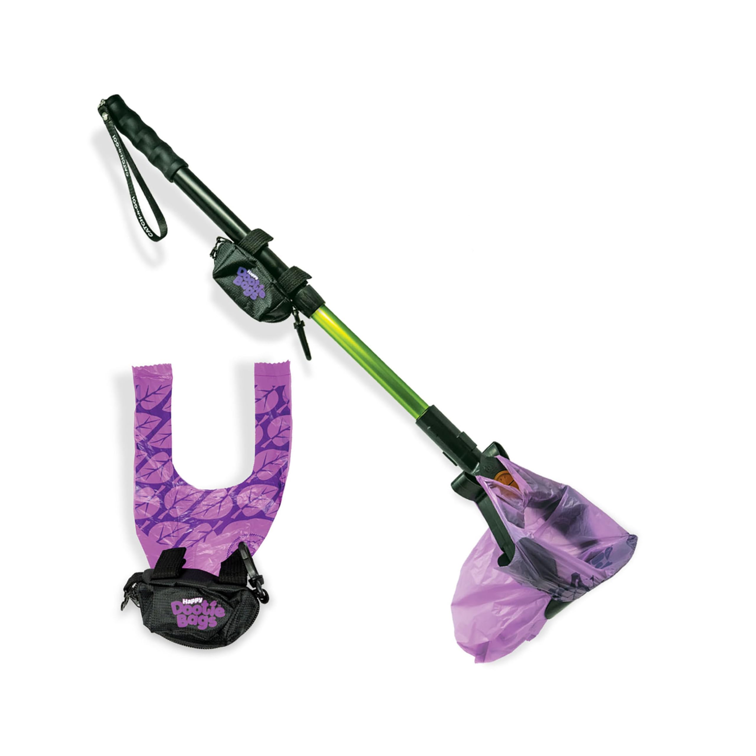 Catch-N-Go Best Poo Catcher Scooper. Catch Poo on Walks. Aluminum Telescopic Handle, Happy Dootie Bags, Strap on Roll Bag Pouch Dispenser, and Convenient Wrist Strap. Super Quick and Clean!