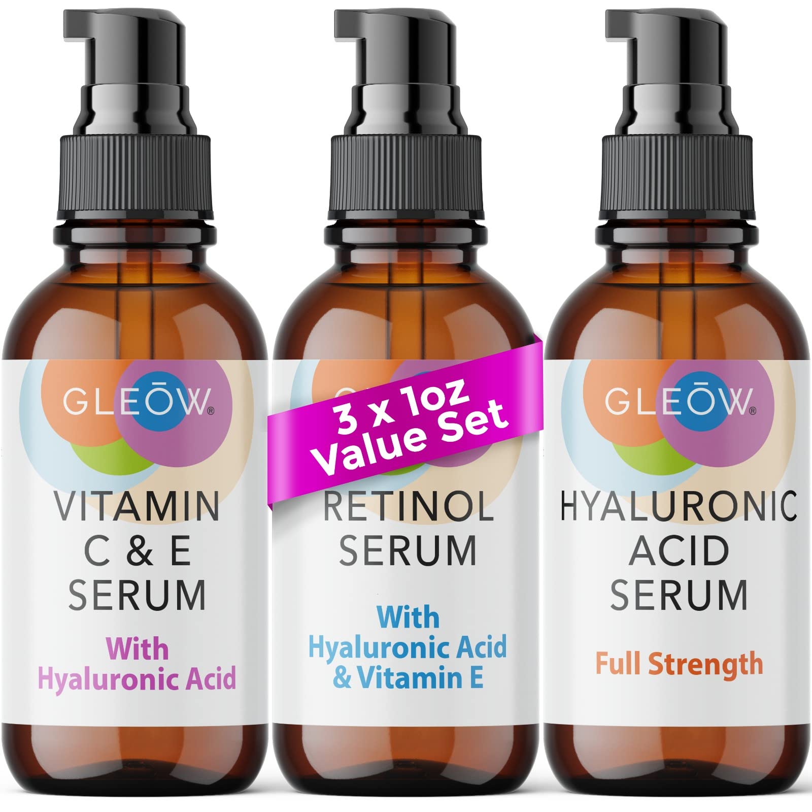 Retinol Serum for Face - Vitamin C Face Serum with Hyaluronic Acid Serum for Face - Vitamin C Serum for Face - Retinol for Face - Hydrating Face Serum for Women and Men 3x1oz - Glow Face Serums