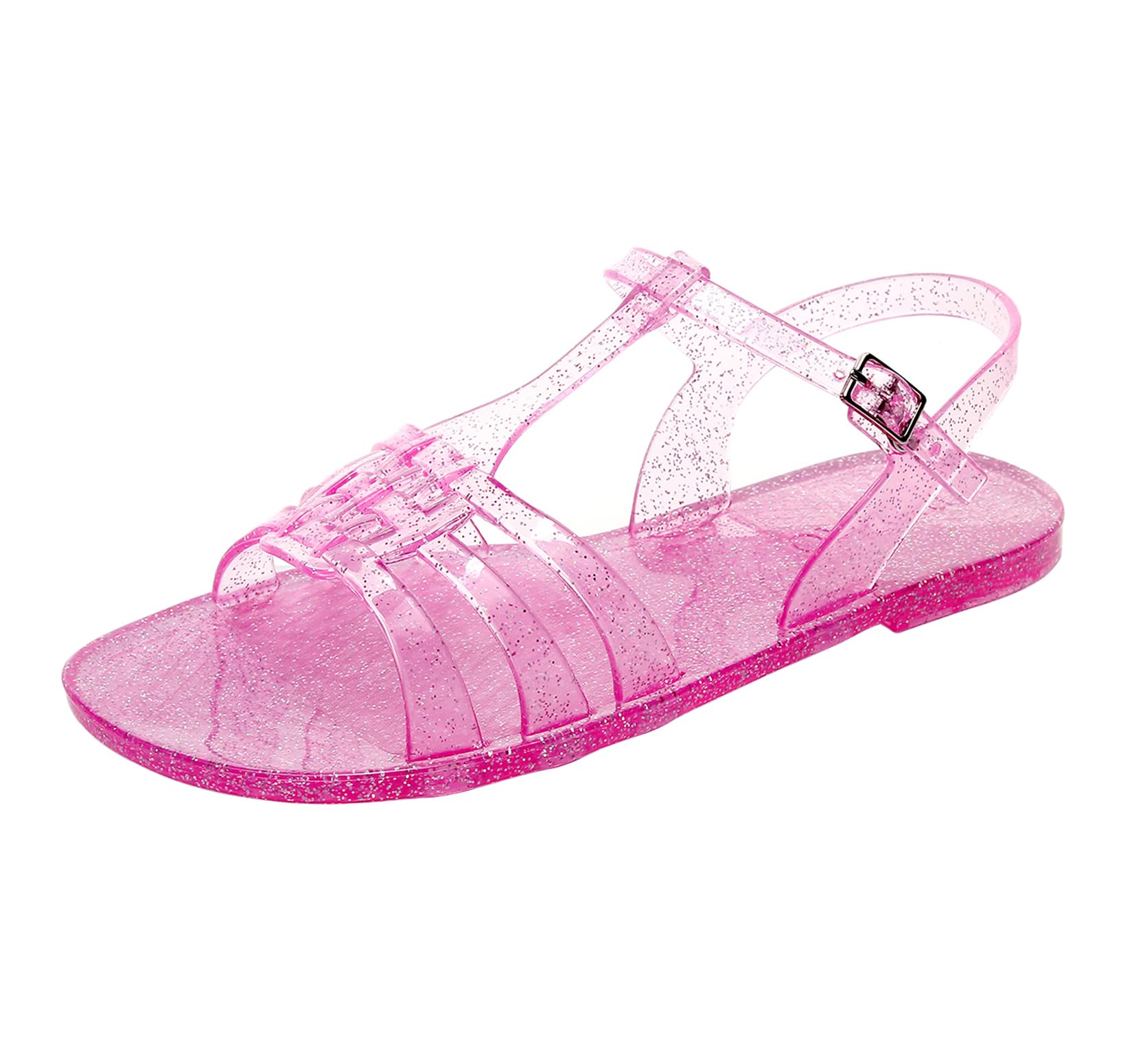 Women Sandals Jelly Shoes Flats T-Strap Crystal Jellies Slides Clear Rain Slippers Glitter Summer Beach Retro