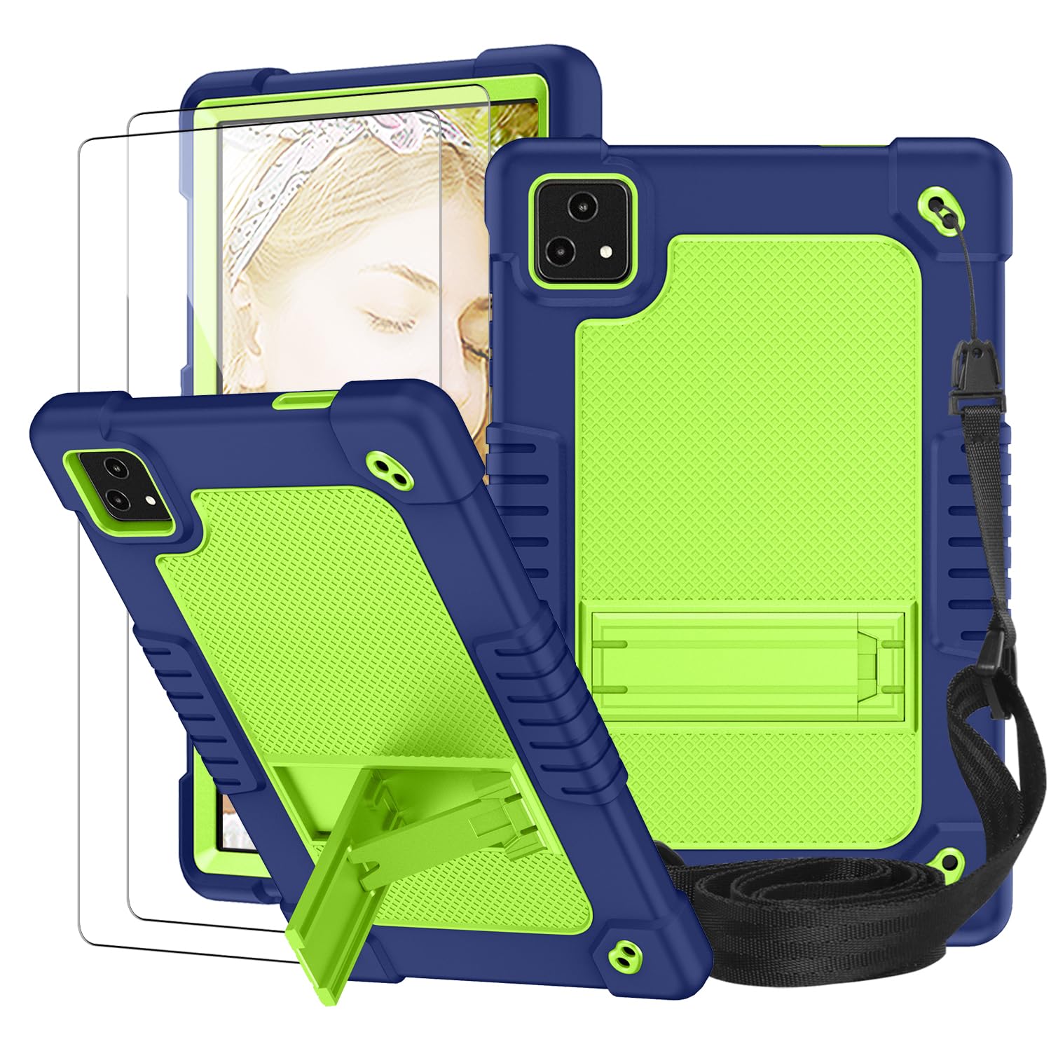 SOATUTO for T-Mobile Revvl Tab 5G Come with Tempered Glass Screen Protector Film Tablet Case with Kickstand/Shoulder Strap Kids Friendly Shell Fit for T-Mobile Revvl 10.36 inch (Navy+Green/2 Pcs)