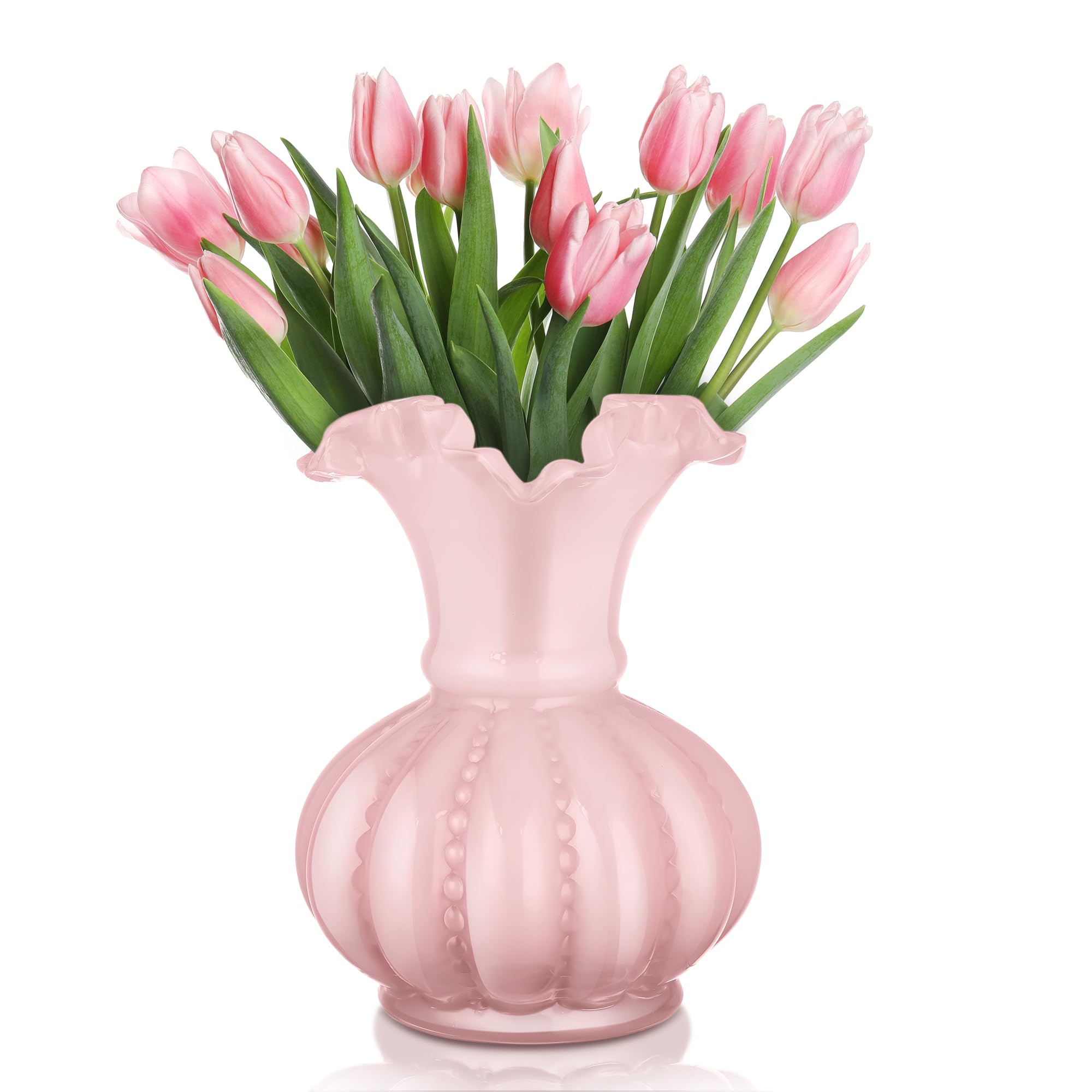 Joeyan Hand-Made Blown Pink Coloured Glass Flower Vase with Wide Waved Mouth Ribbed Body Design for Office Home Decor Wedding Table Centerpiece, 20cm Thick Heavy Vintage Pedestal Vase for Living Room