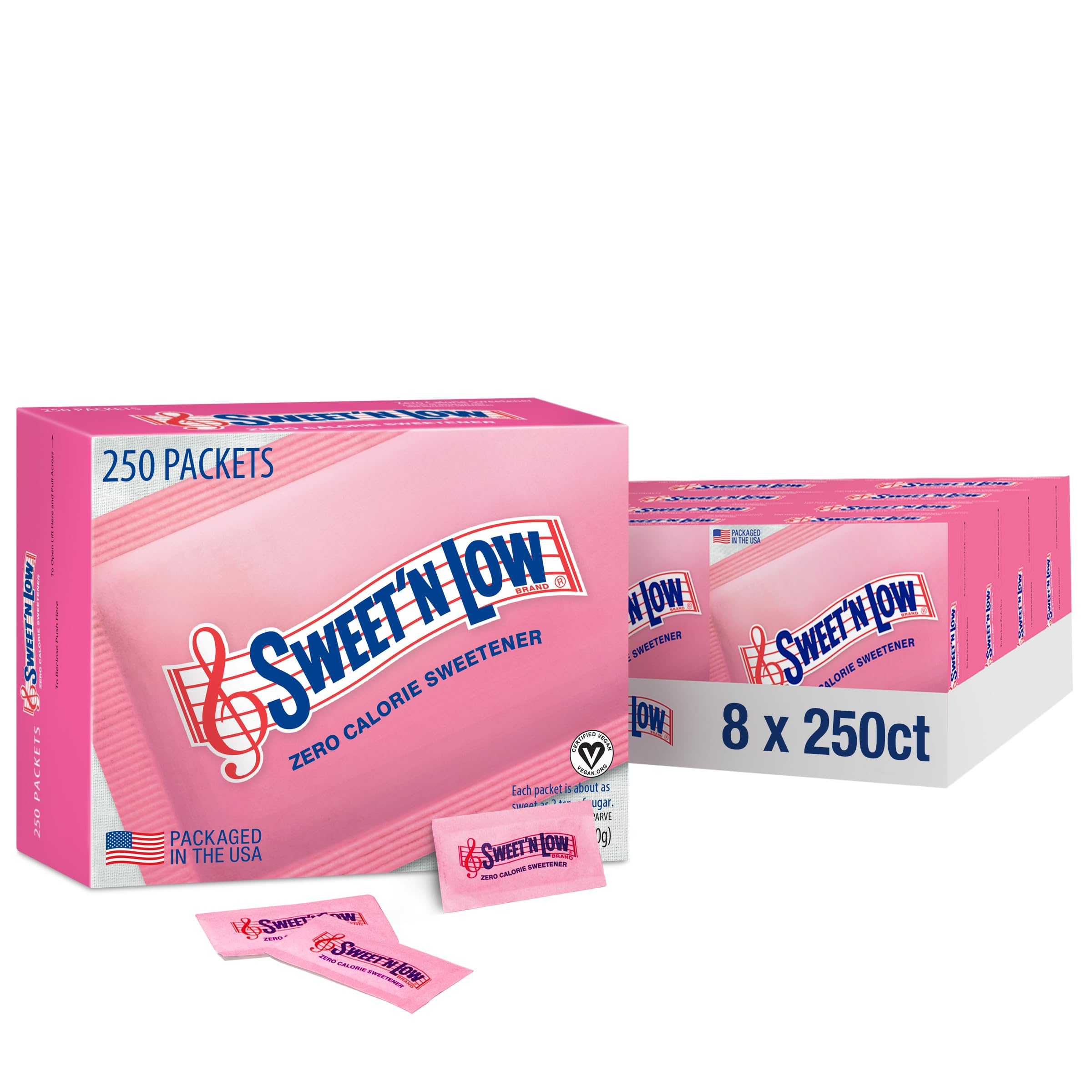 Sweet'N LowZero-Calorie Sweetener | Contains Saccharin, Sugar Substitute, Keto, Vegan, Gluten-Free | Great for Cooking, Baking, Coffee, Tea, Hot/Cold Beverages | 250 Packets (8 Pack)