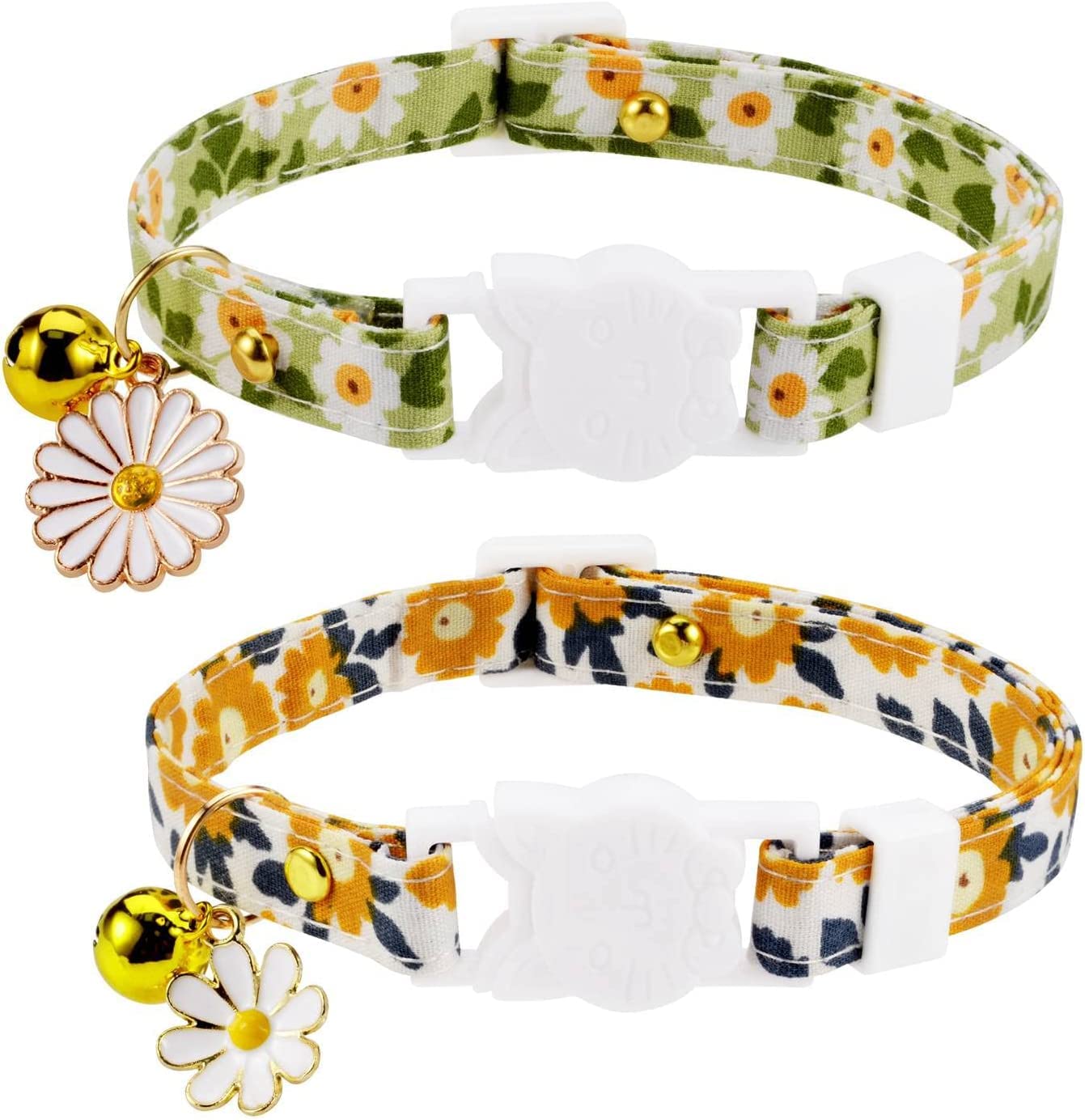 2 Pack Cotton Safe Breakaway Cat Collars with Bell Daisy Charm Green Orange Pink Blue Kitty Kitten Cute Cat Collars for Girl Cats Female Cats