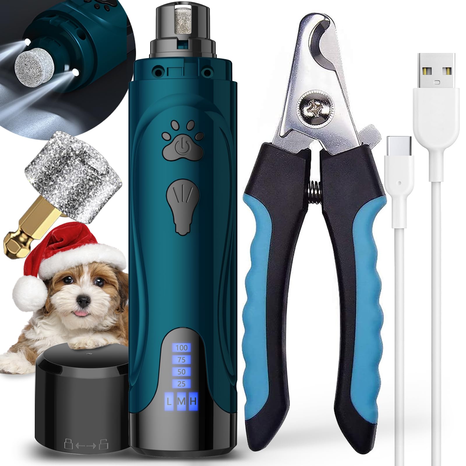 Dog Nail Grinder, Dog Nail Trimmers and Clippers Kit, Super Quiet Electric Pet Nail Grinder, Rechargeable, for Small Large Dogs & Cats Toenail & Claw Grooming,3 Speeds, 2 Grinding Wheels (A-Dark Blue)