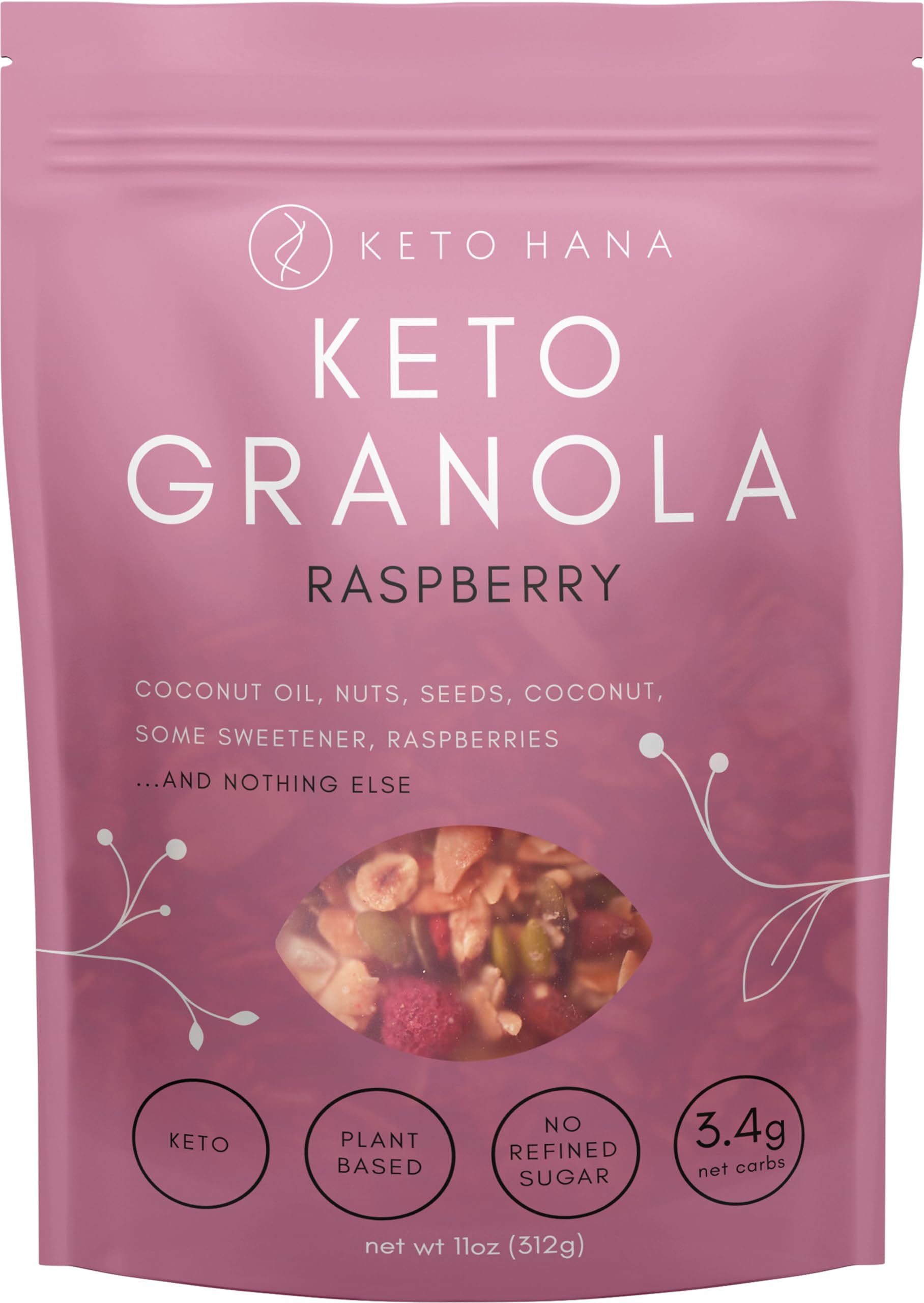 Keto Hana Raspberry Keto Granola Breakfast Cereal with just 3.4g Net Carbs (11oz) Low Carb, High Protein Snack