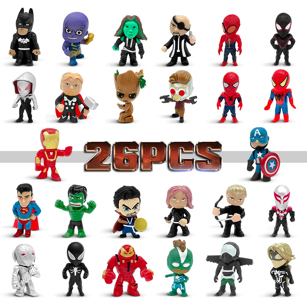 Genqiang Mini Superhero Toys, 26 pcs Superhero Minifigures Small Action Figures Superhero Party Birthday Decorations for Kids’ Christmas Stocking, Easter Eggs Cake Toppers Collectibles